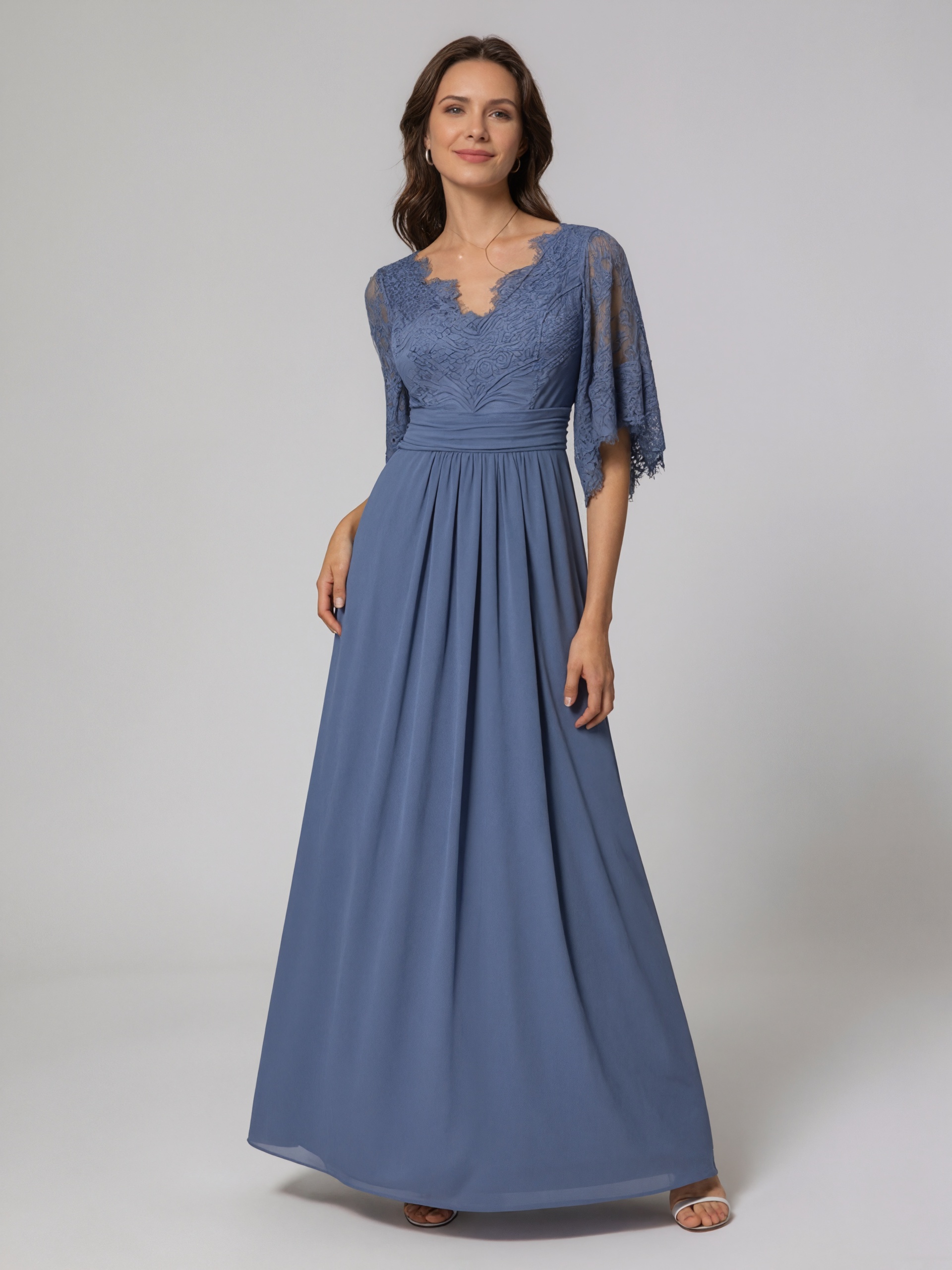 A-Line V-Neck Lace & Chiffon Floor-Length Flutter Sleeve Mother of the Bride Dress