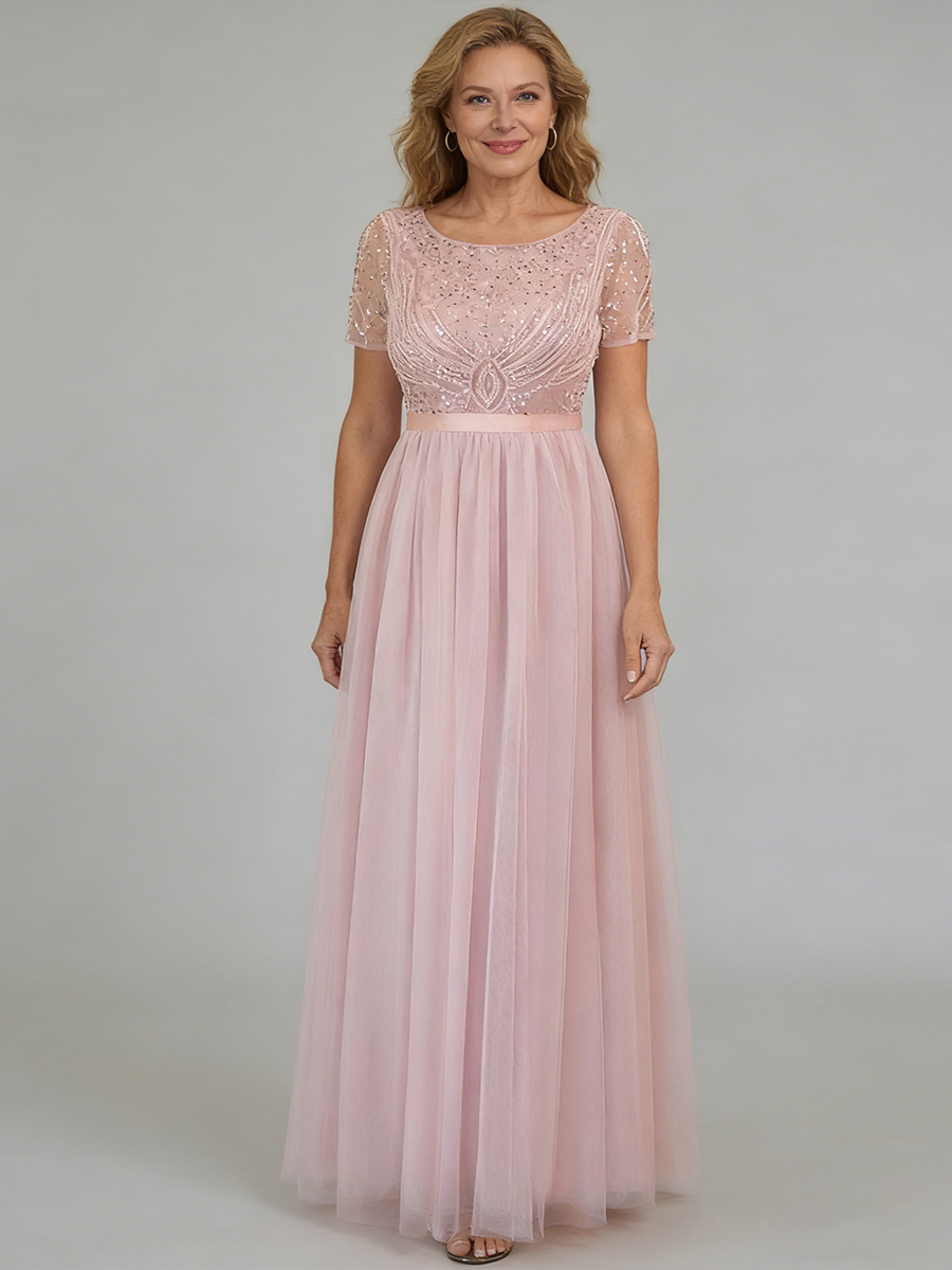 A-Line Crew Neck Sequins & Tulle Floor-Length Cap Sleeve Mother of the Bride Dress