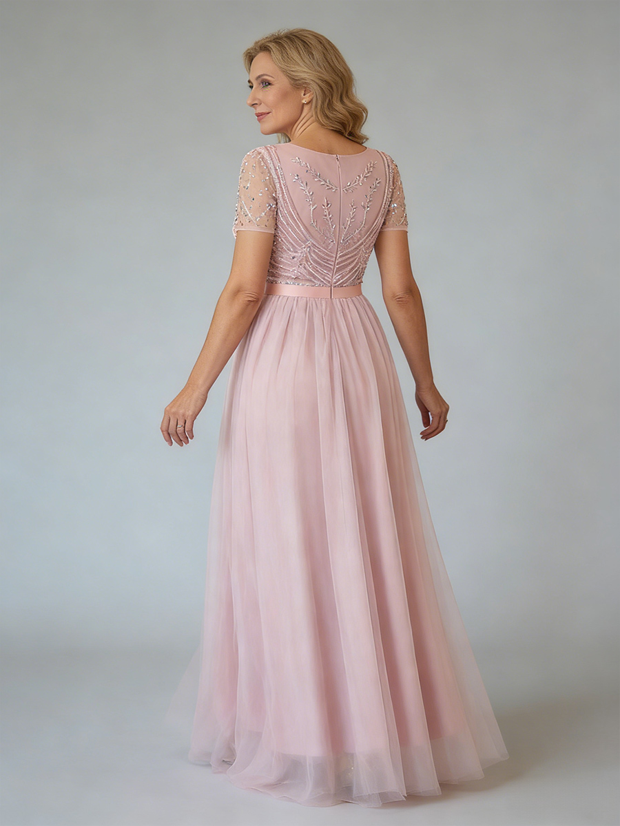 A-Line Crew Neck Sequins & Tulle Floor-Length Cap Sleeve Mother of the Bride Dress