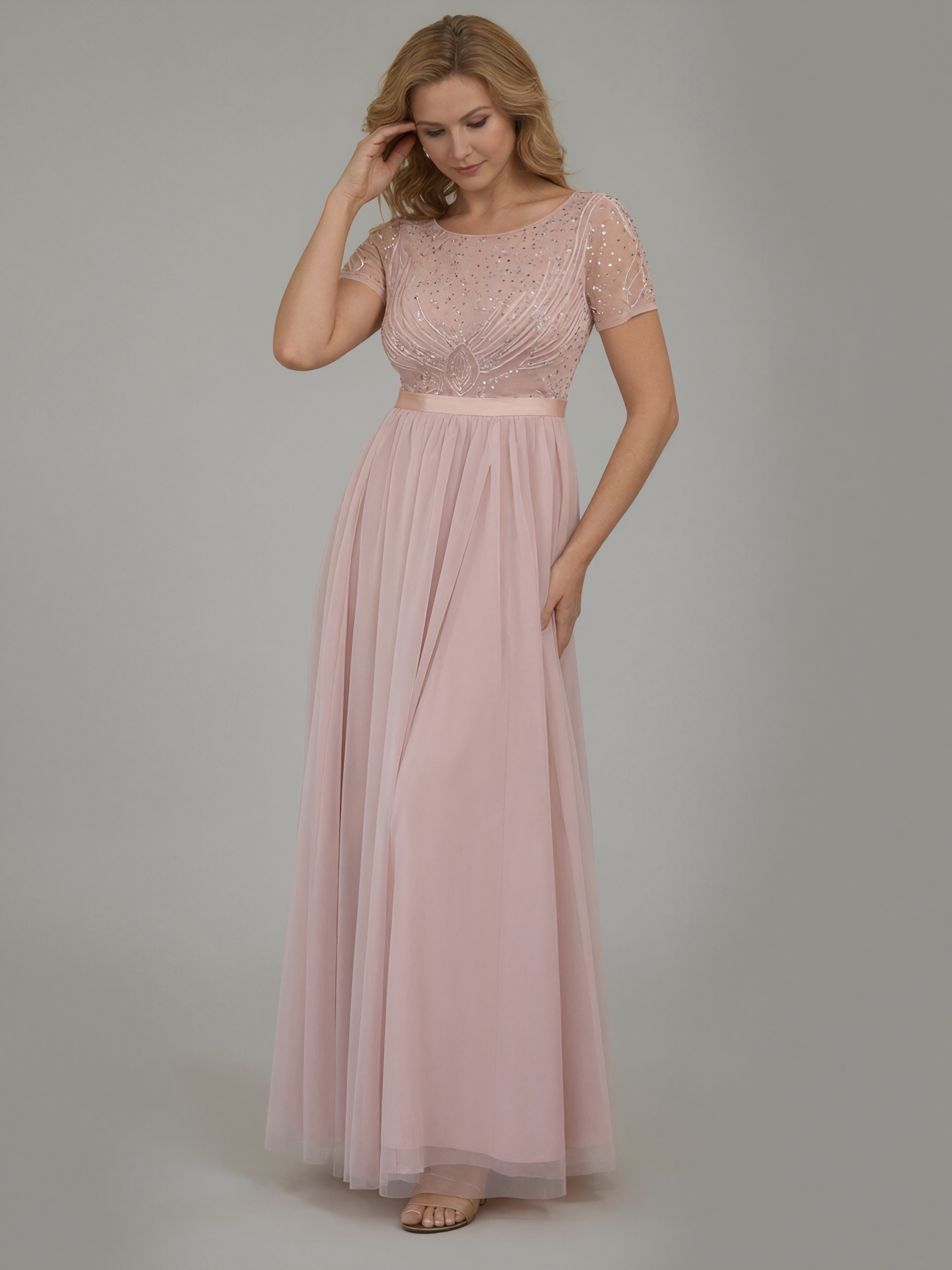 A-Line Crew Neck Sequins & Tulle Floor-Length Cap Sleeve Mother of the Bride Dress