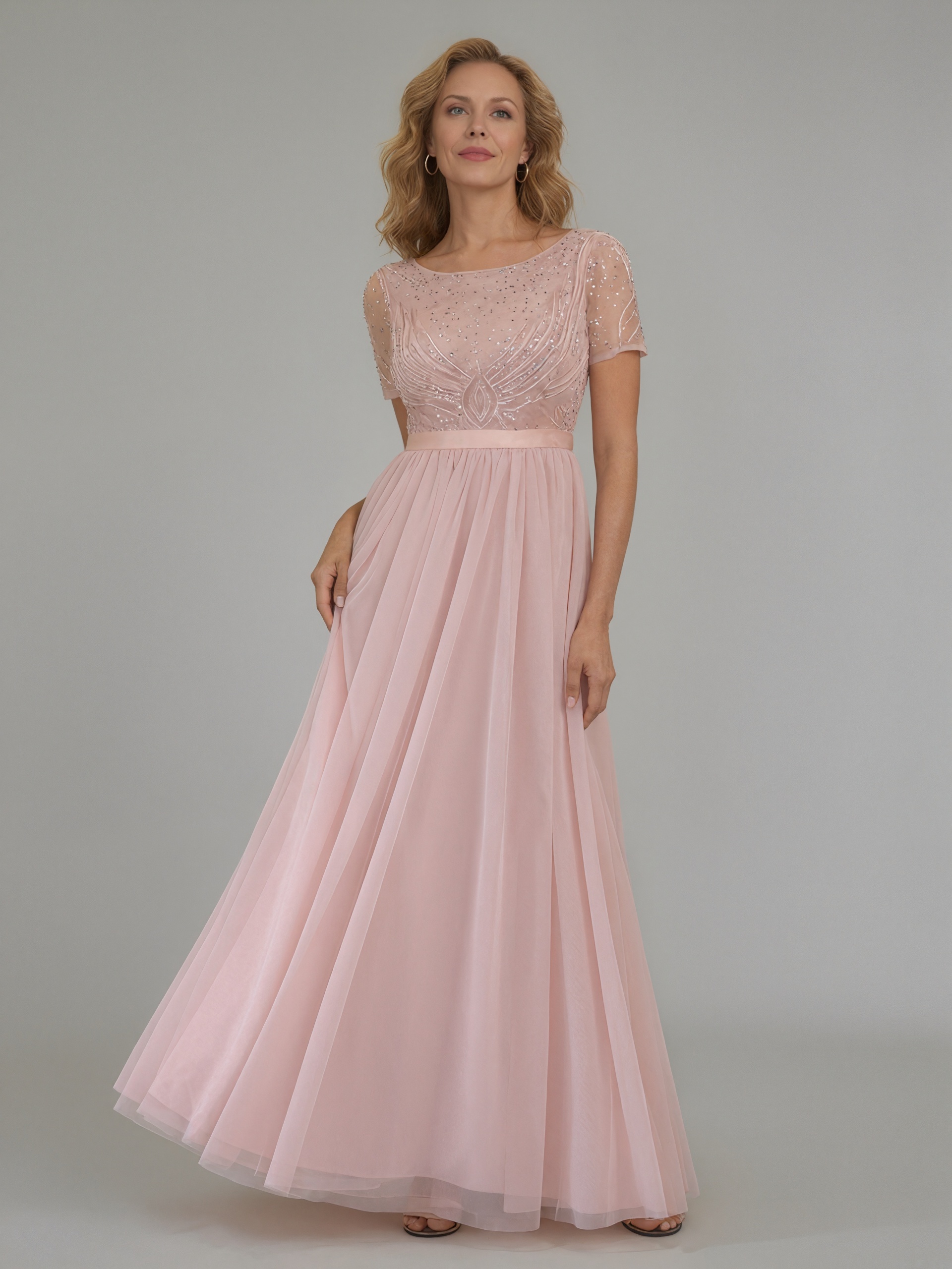 A-Line Crew Neck Sequins & Tulle Floor-Length Cap Sleeve Mother of the Bride Dress