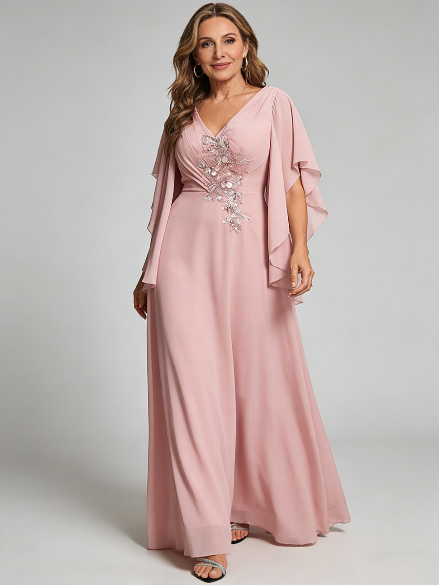 A-Line V-Neck Chiffon Floor-Length Cape Sleeve Mother of the Bride Dress