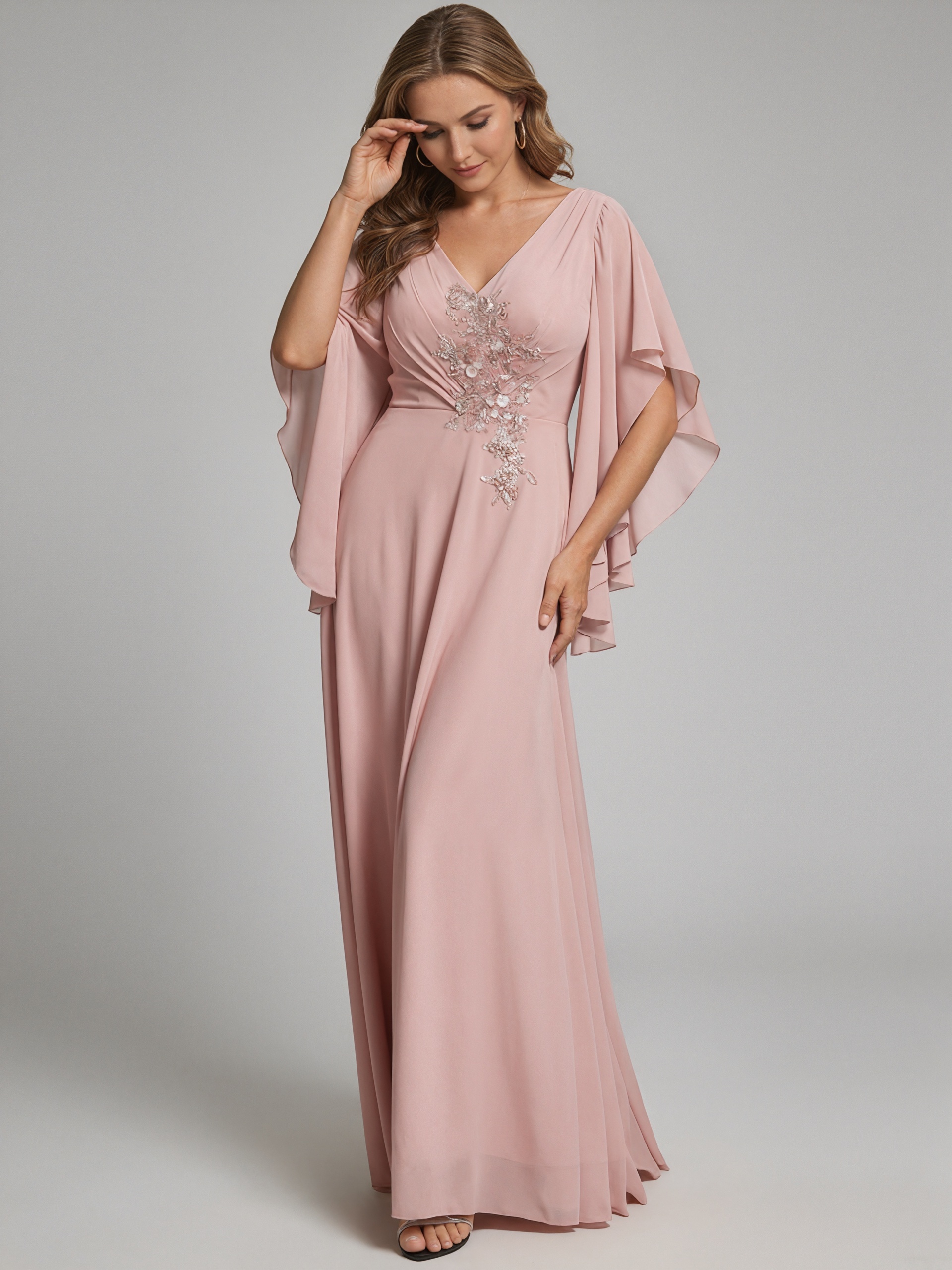 A-Line V-Neck Chiffon Floor-Length Cape Sleeve Mother of the Bride Dress
