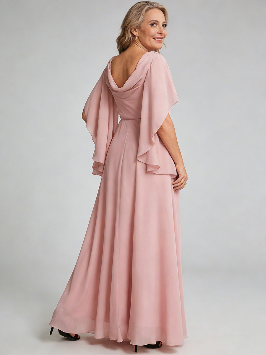 A-Line V-Neck Chiffon Floor-Length Cape Sleeve Mother of the Bride Dress