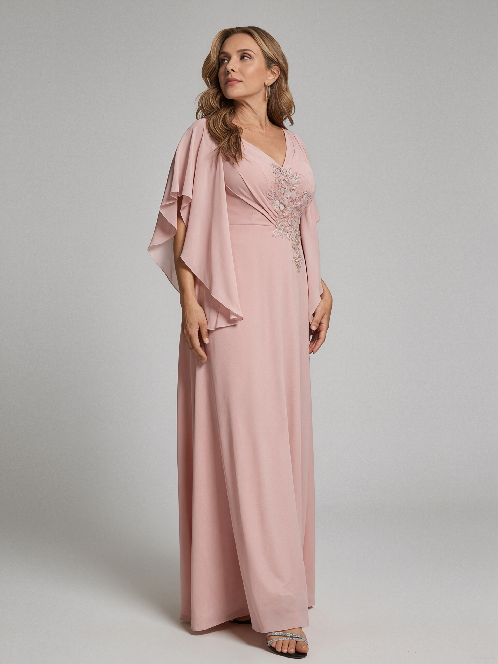 A-Line V-Neck Chiffon Floor-Length Cape Sleeve Mother of the Bride Dress