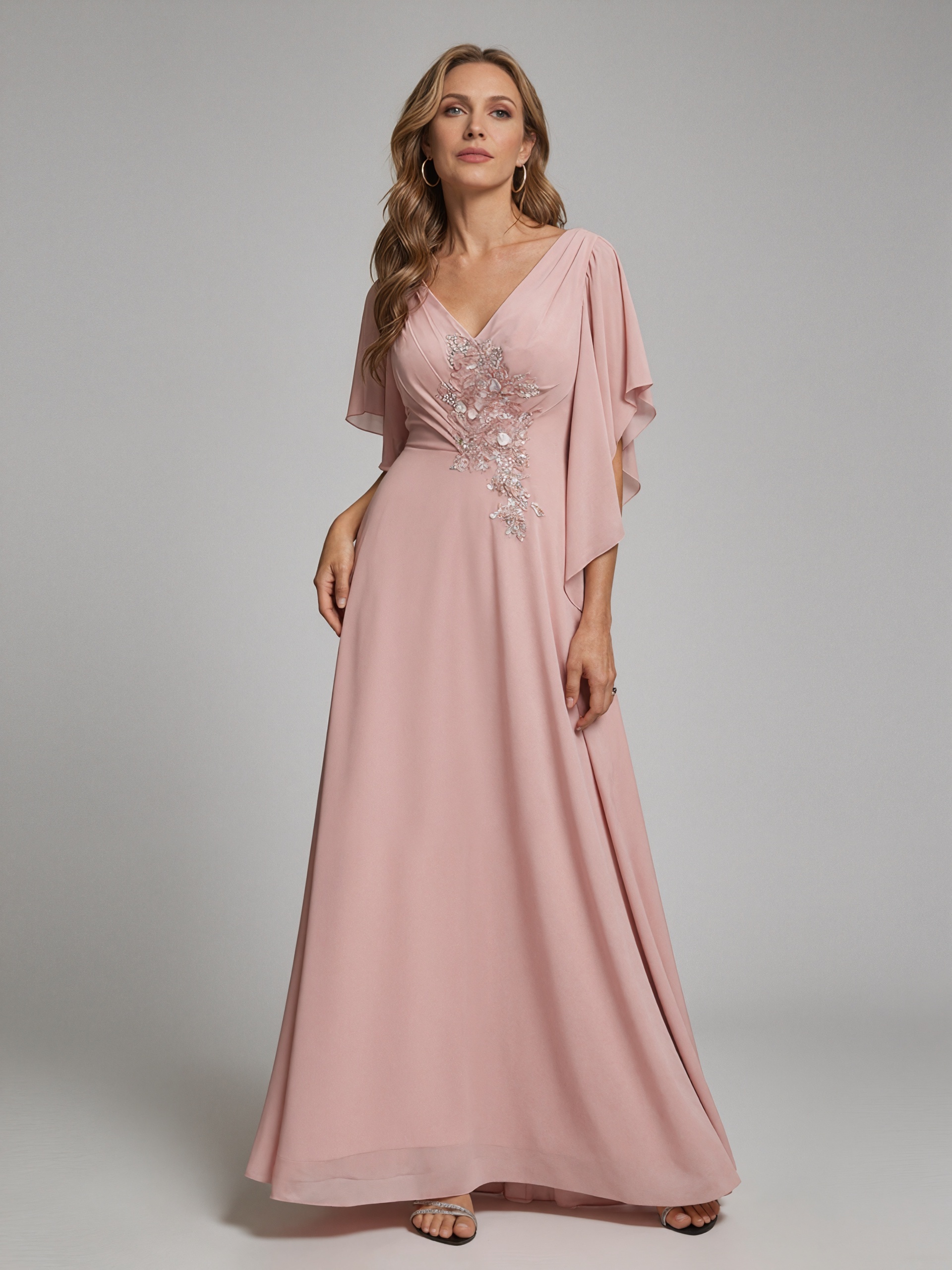 A-Line V-Neck Chiffon Floor-Length Cape Sleeve Mother of the Bride Dress