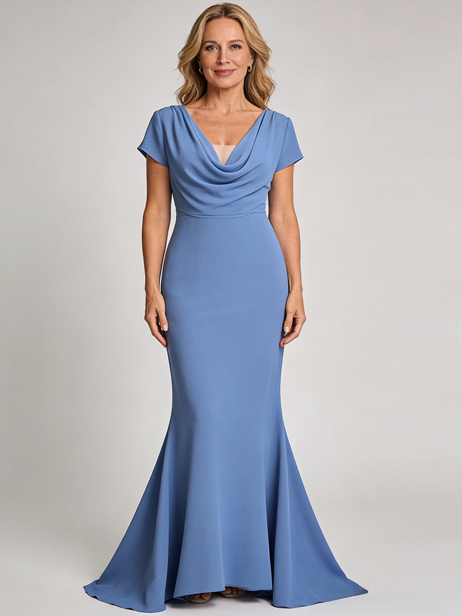 Mermaid V-Neck Satin Floor-Length Cap Sleeve Mother of the Bride Dress