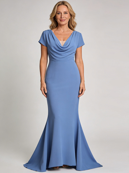 Mermaid V-Neck Satin Floor-Length Cap Sleeve Mother of the Bride Dress