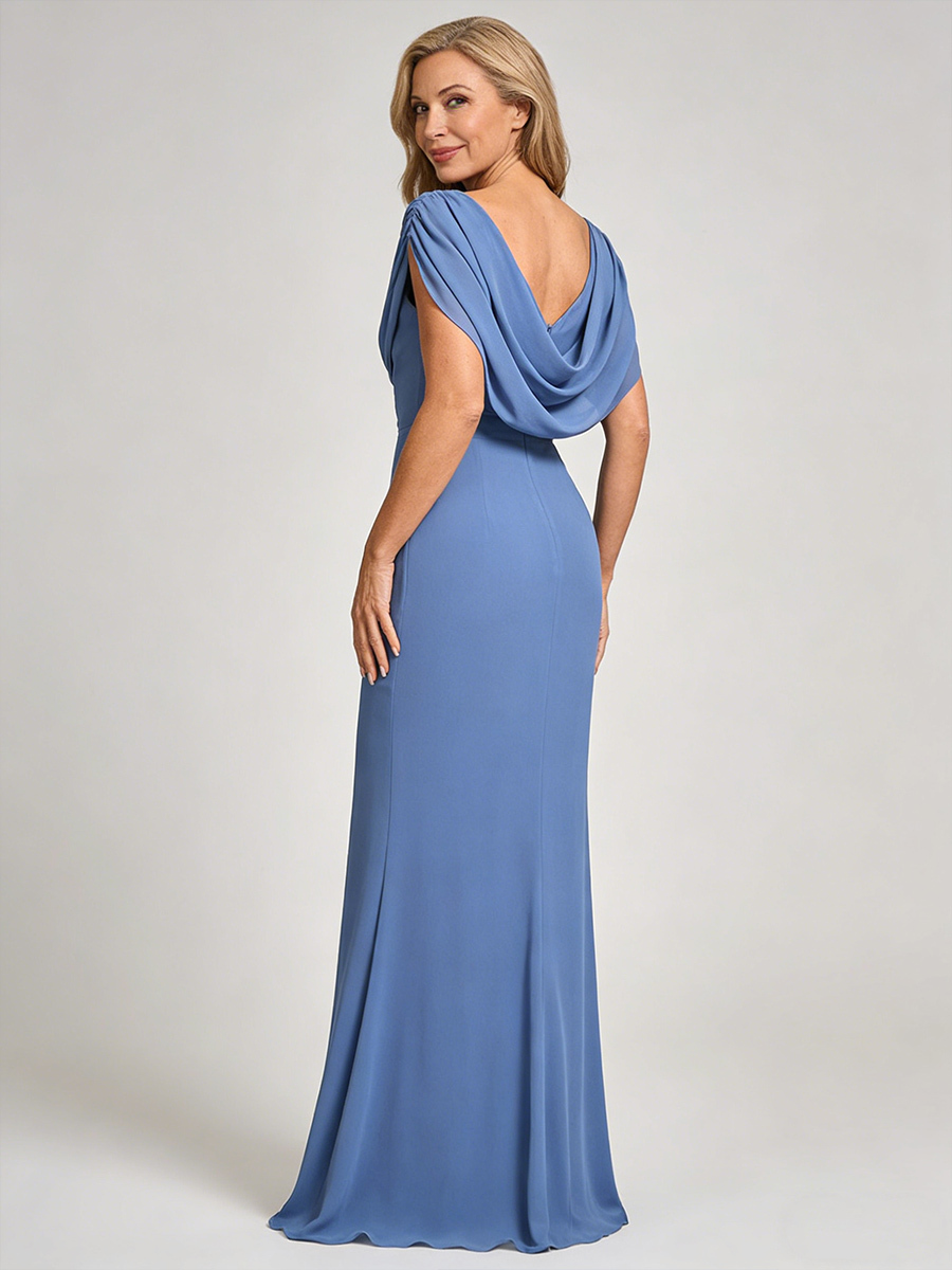 Mermaid V-Neck Satin Floor-Length Cap Sleeve Mother of the Bride Dress