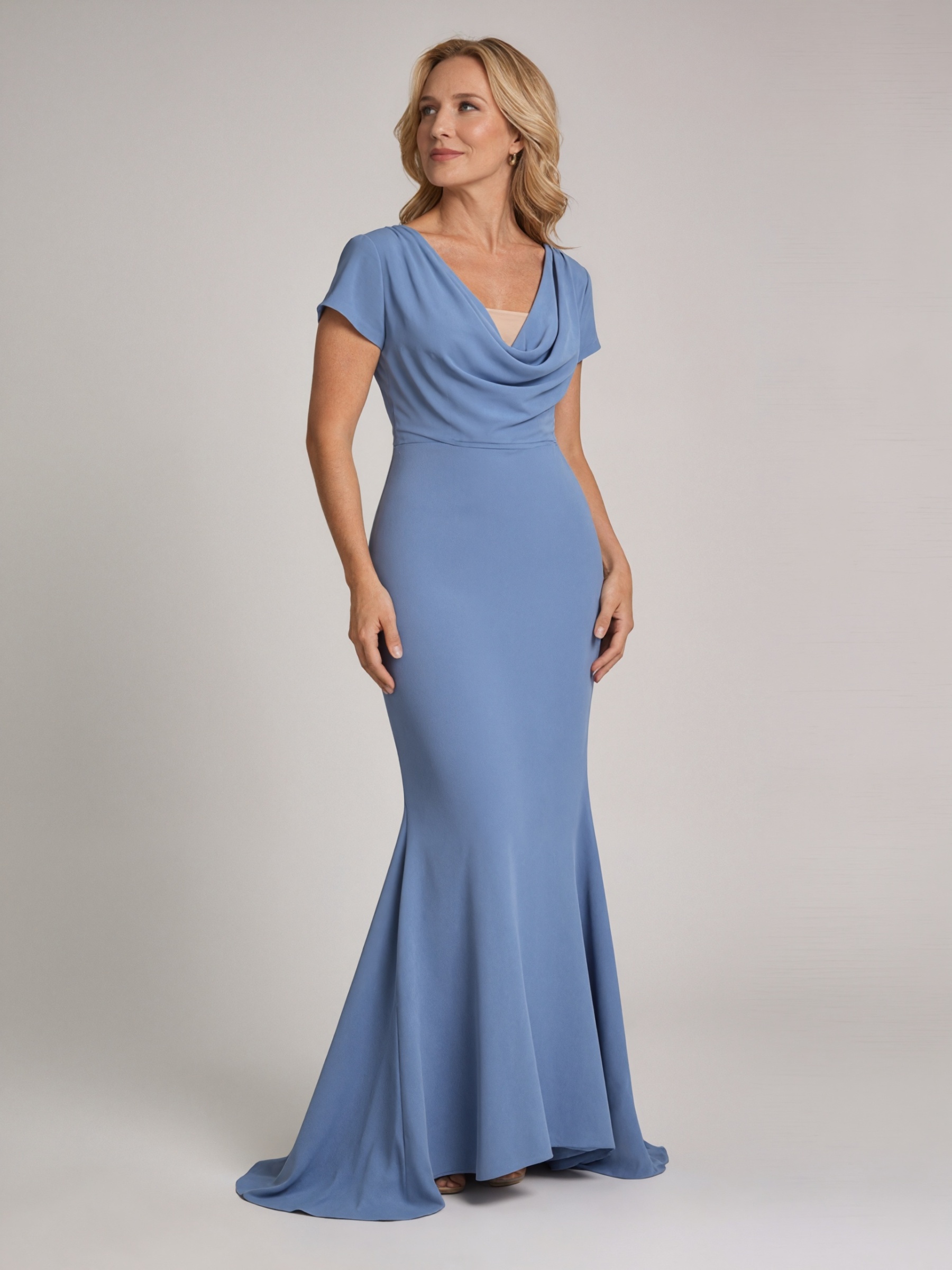 Mermaid V-Neck Satin Floor-Length Cap Sleeve Mother of the Bride Dress
