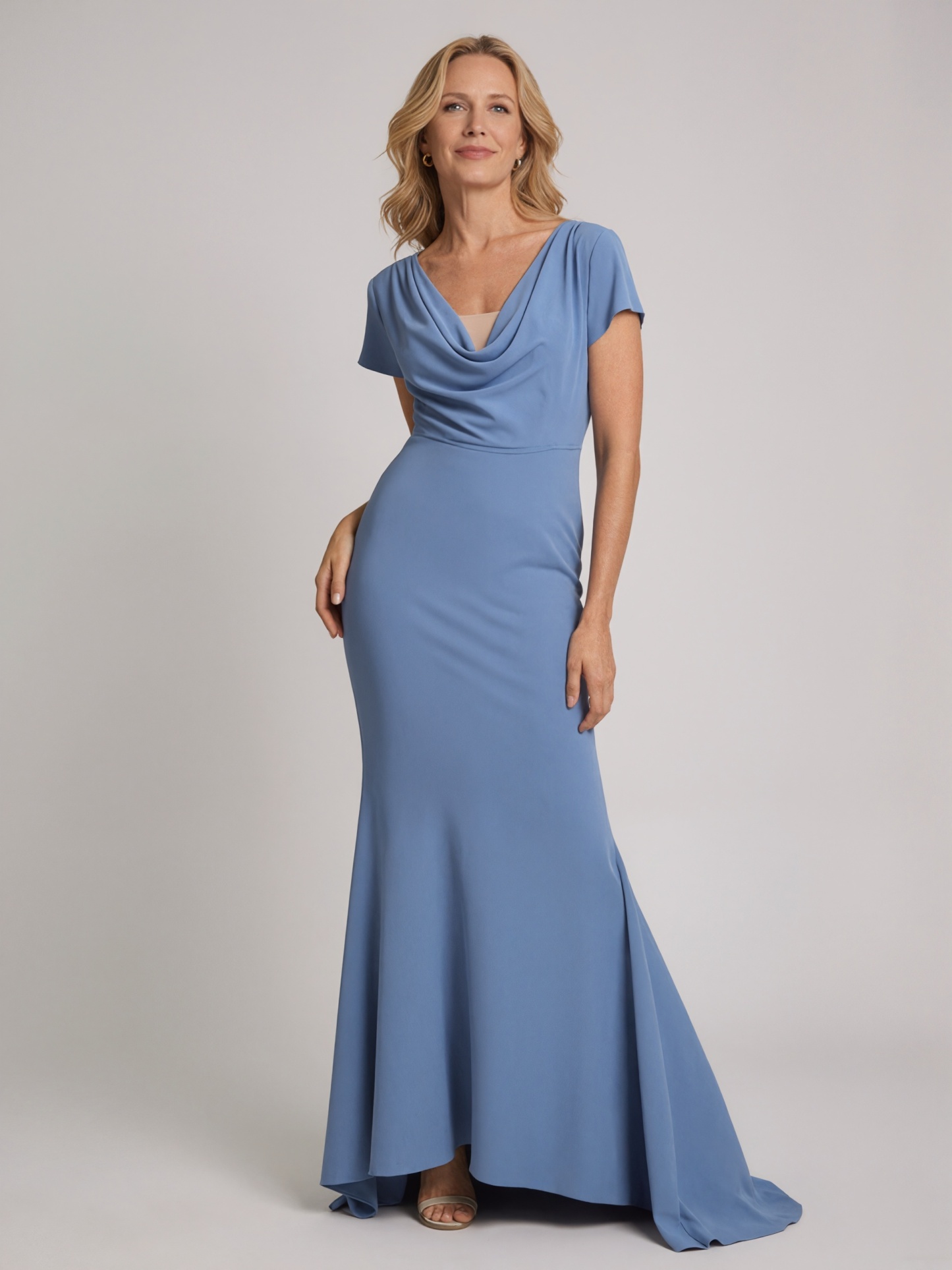 Mermaid V-Neck Satin Floor-Length Cap Sleeve Mother of the Bride Dress