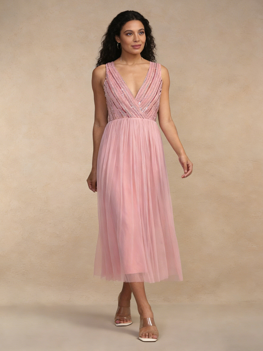 A-Line V-Neck Sequins & Tulle Midi-Length Sleeveless Cocktail Dress
