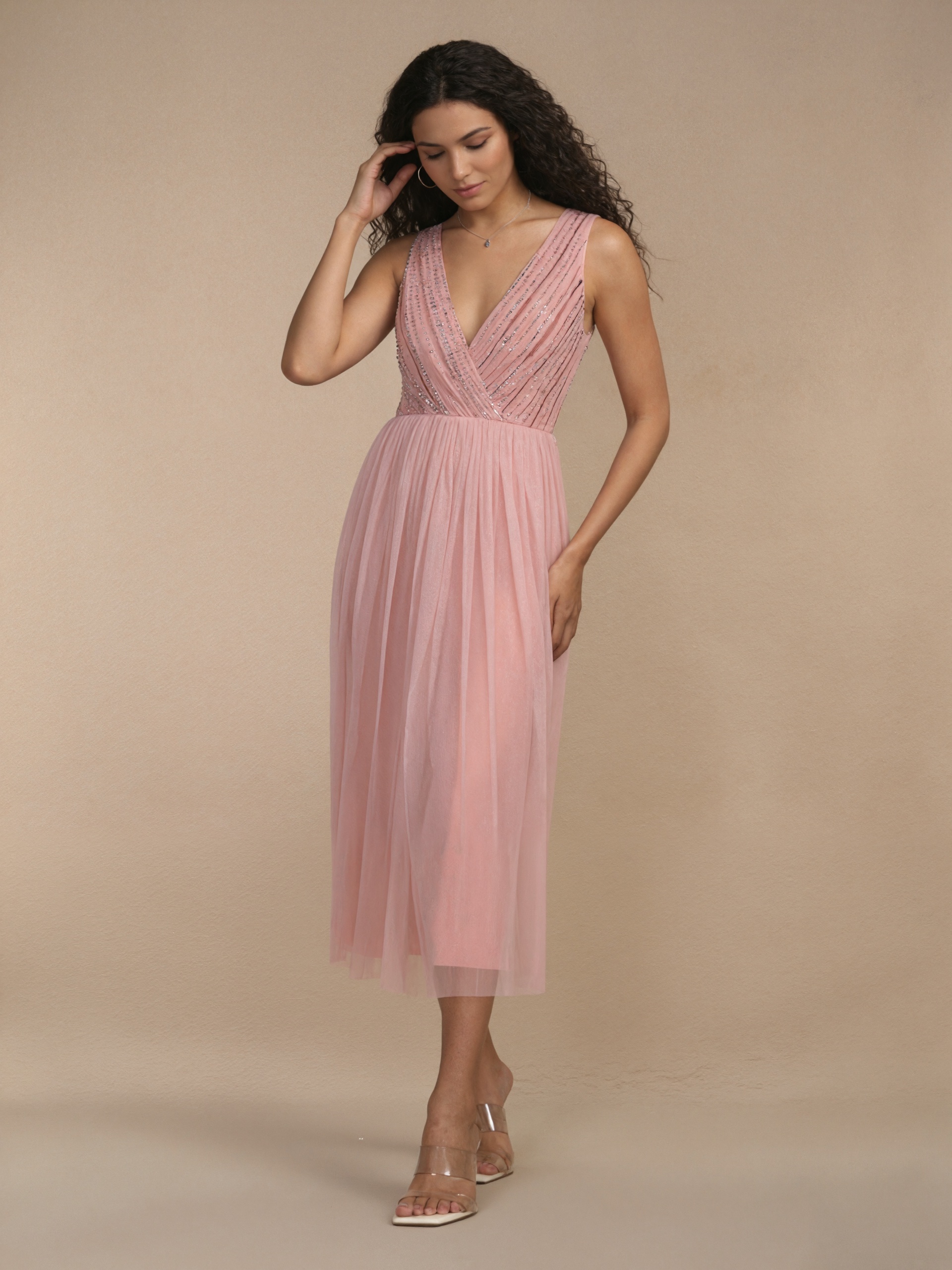 A-Line V-Neck Sequins & Tulle Midi-Length Sleeveless Cocktail Dress