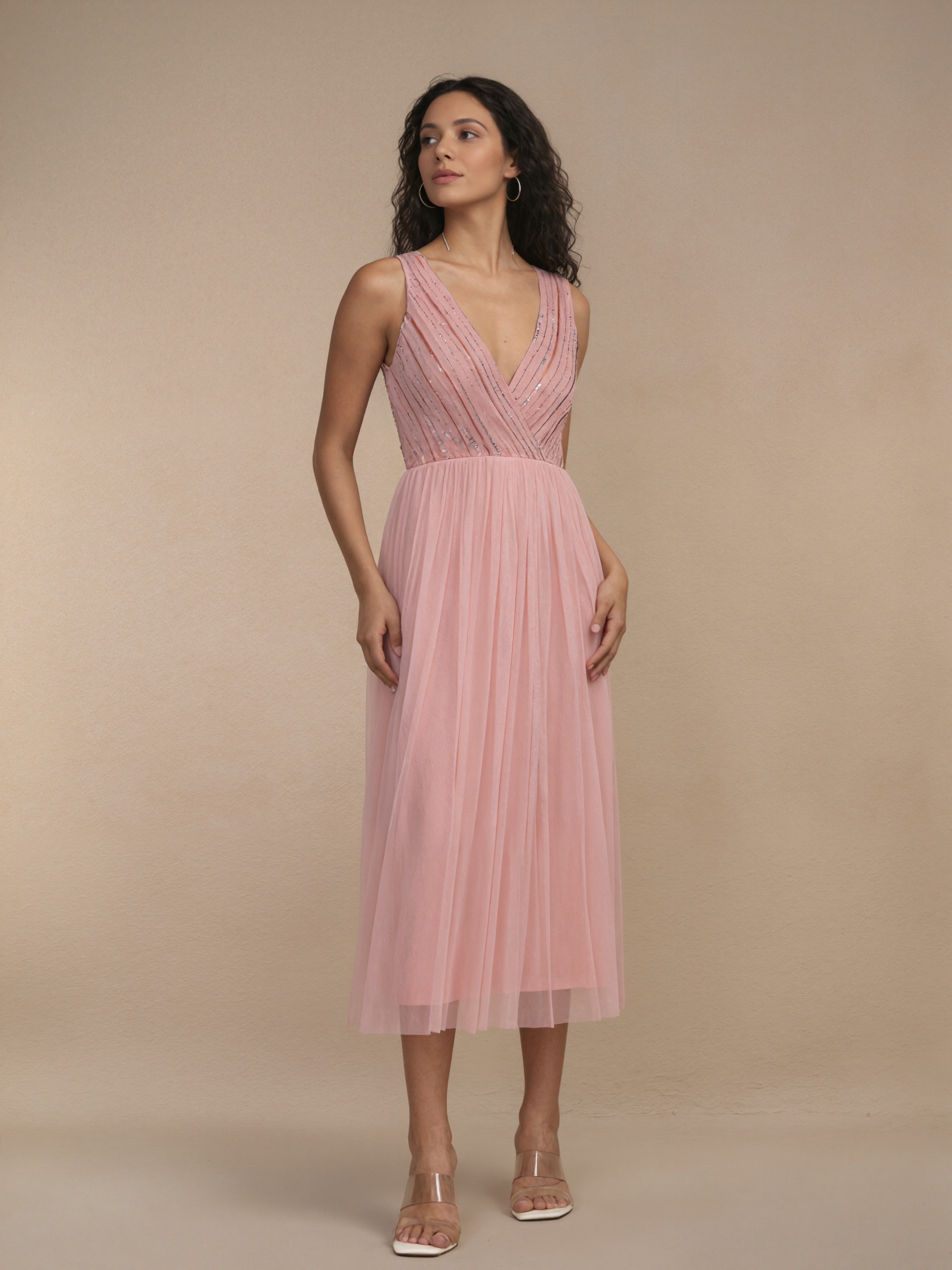 A-Line V-Neck Sequins & Tulle Midi-Length Sleeveless Cocktail Dress
