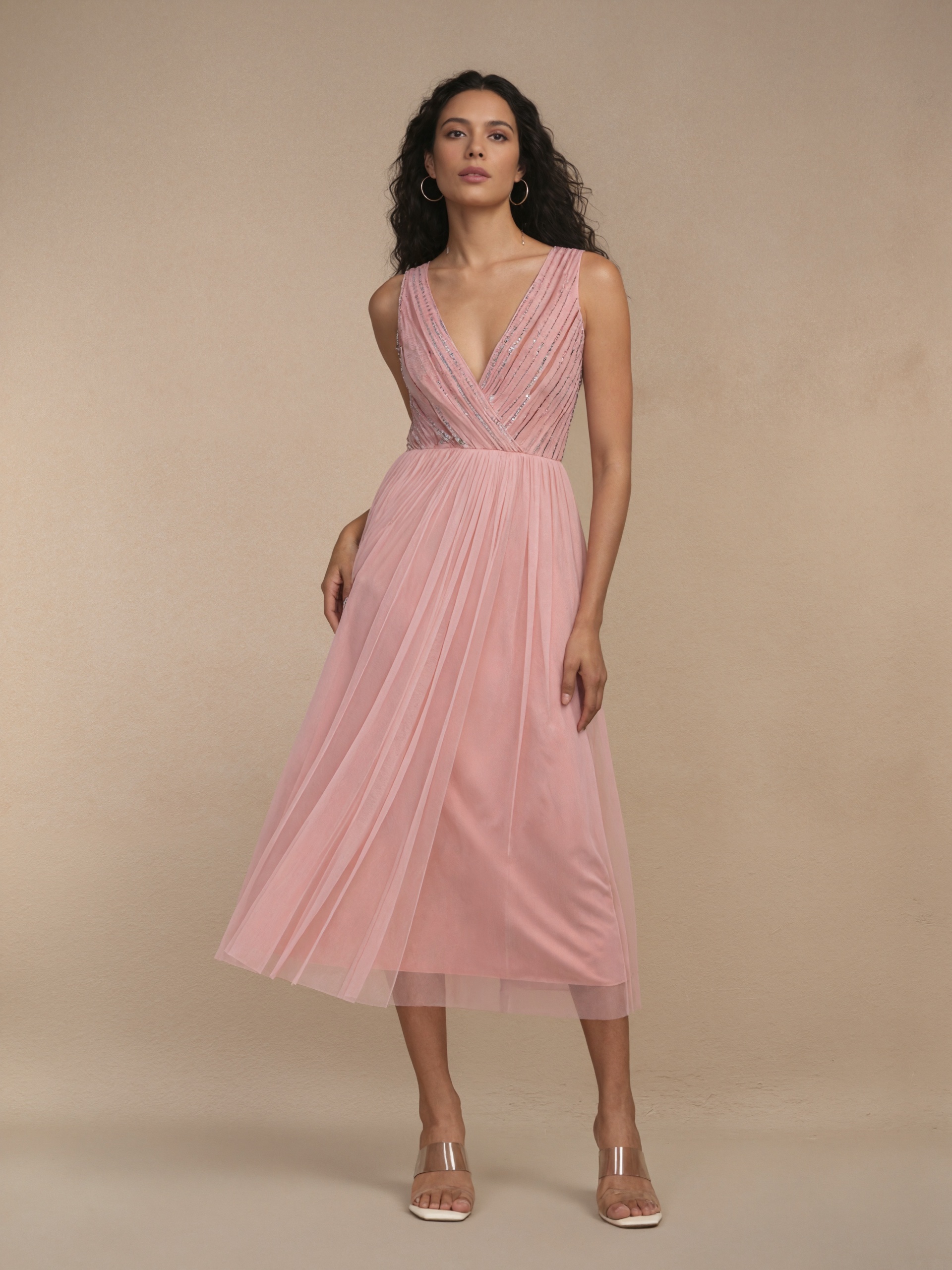A-Line V-Neck Sequins & Tulle Midi-Length Sleeveless Cocktail Dress