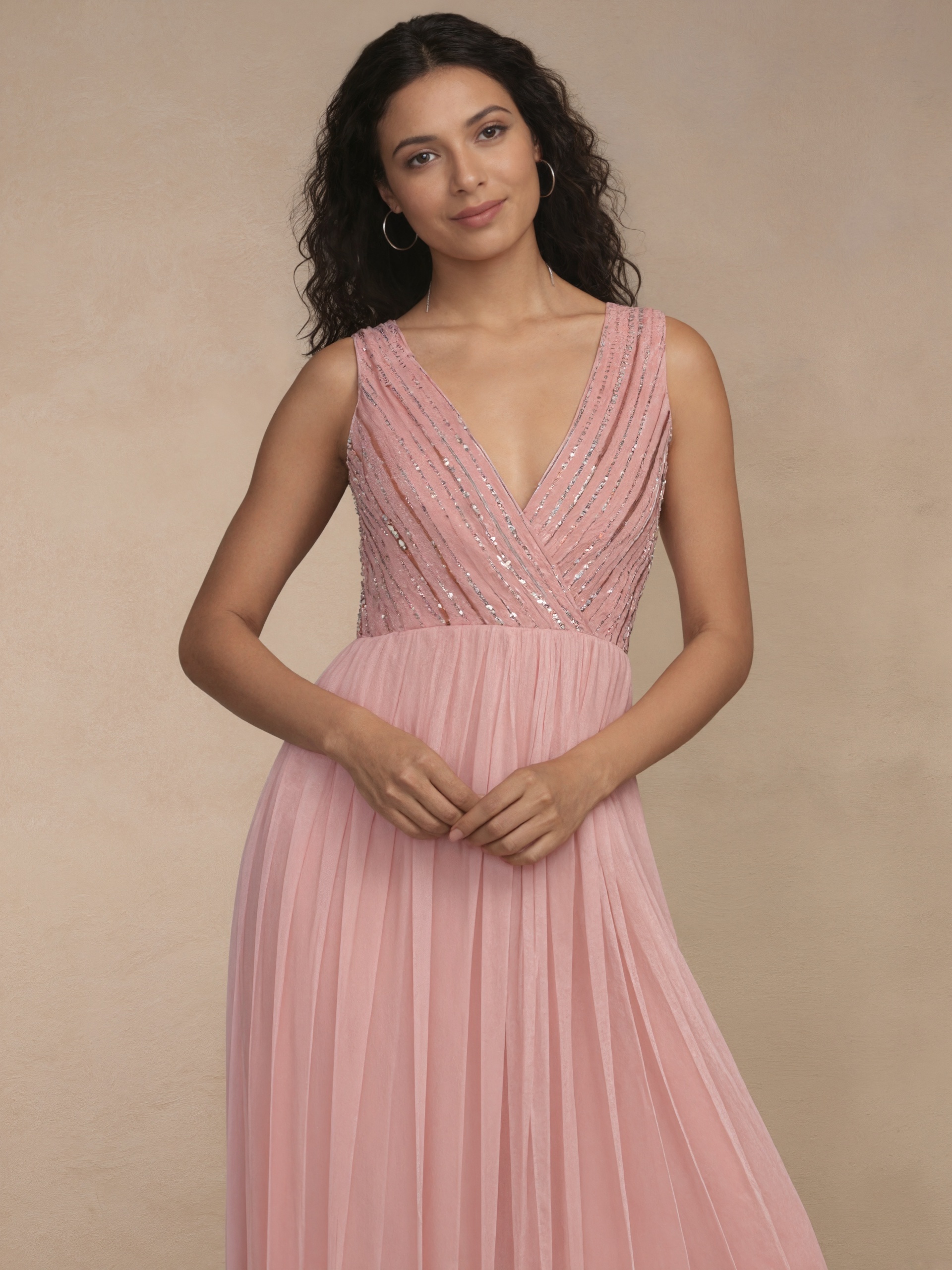 A-Line V-Neck Sequins & Tulle Midi-Length Sleeveless Cocktail Dress