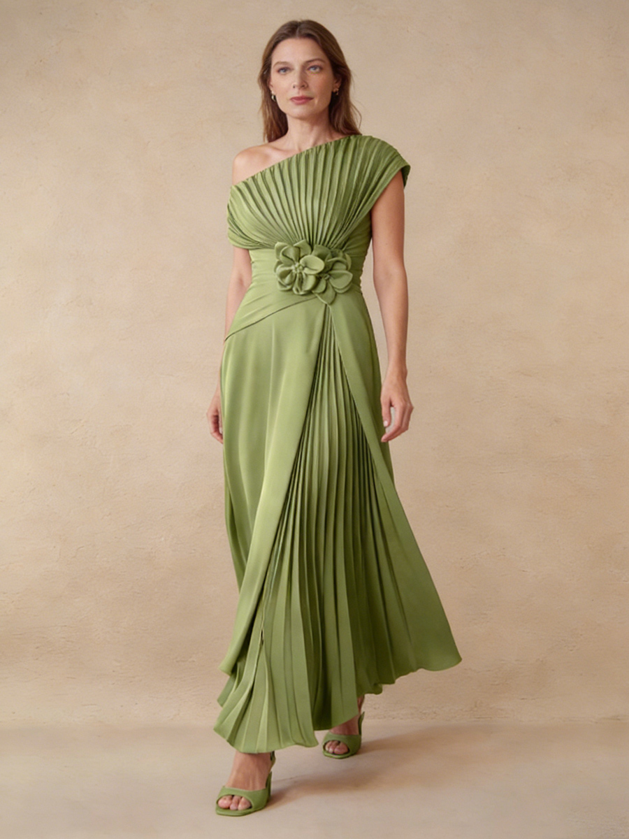 A-Line One-Shoulder Satin Maxi-Length Pleated Formal Evening Gown