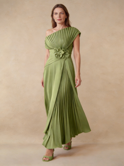 A-Line One-Shoulder Satin Maxi-Length Pleated Formal Evening Gown