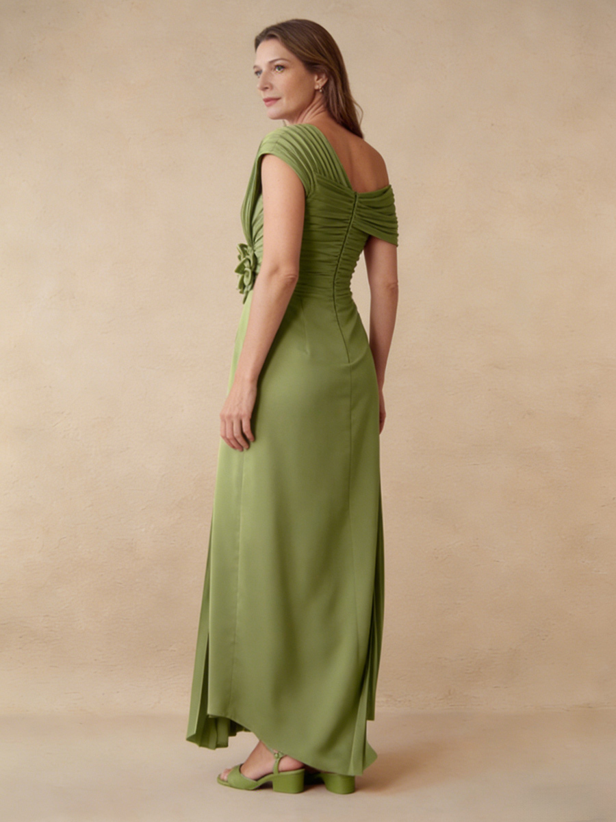 A-Line One-Shoulder Satin Maxi-Length Pleated Formal Evening Gown