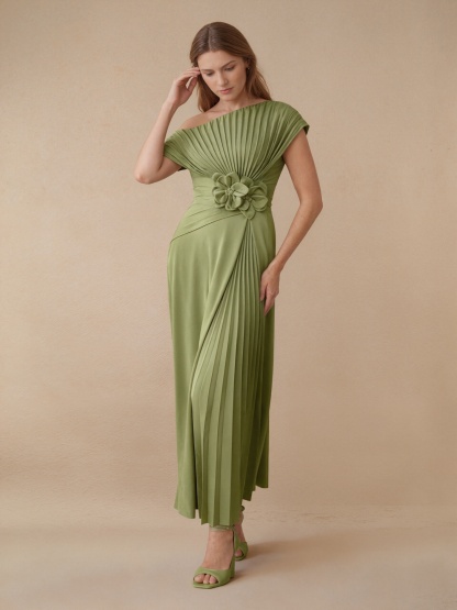 A-Line One-Shoulder Satin Maxi-Length Pleated Formal Evening Gown
