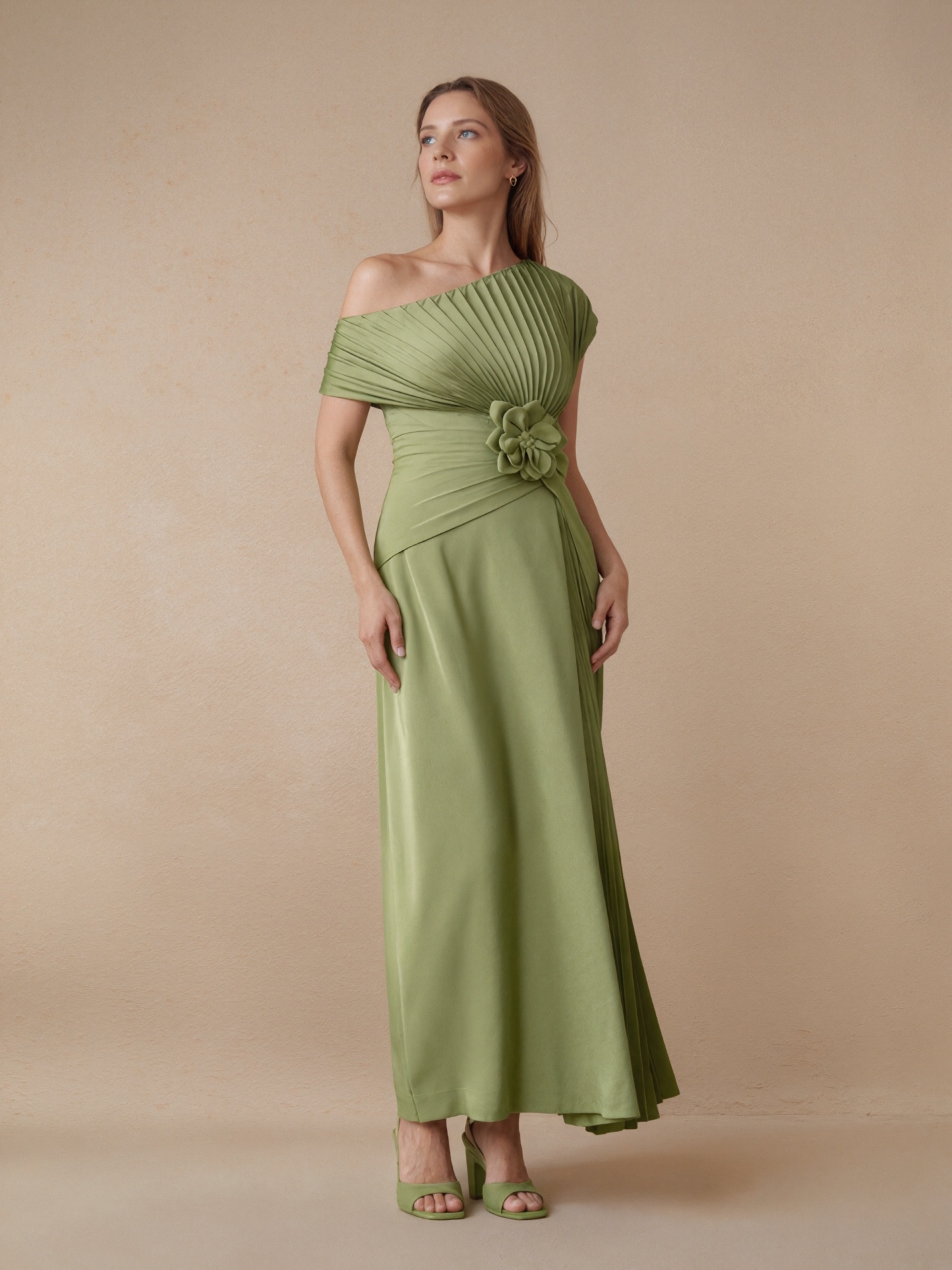 A-Line One-Shoulder Satin Maxi-Length Pleated Formal Evening Gown
