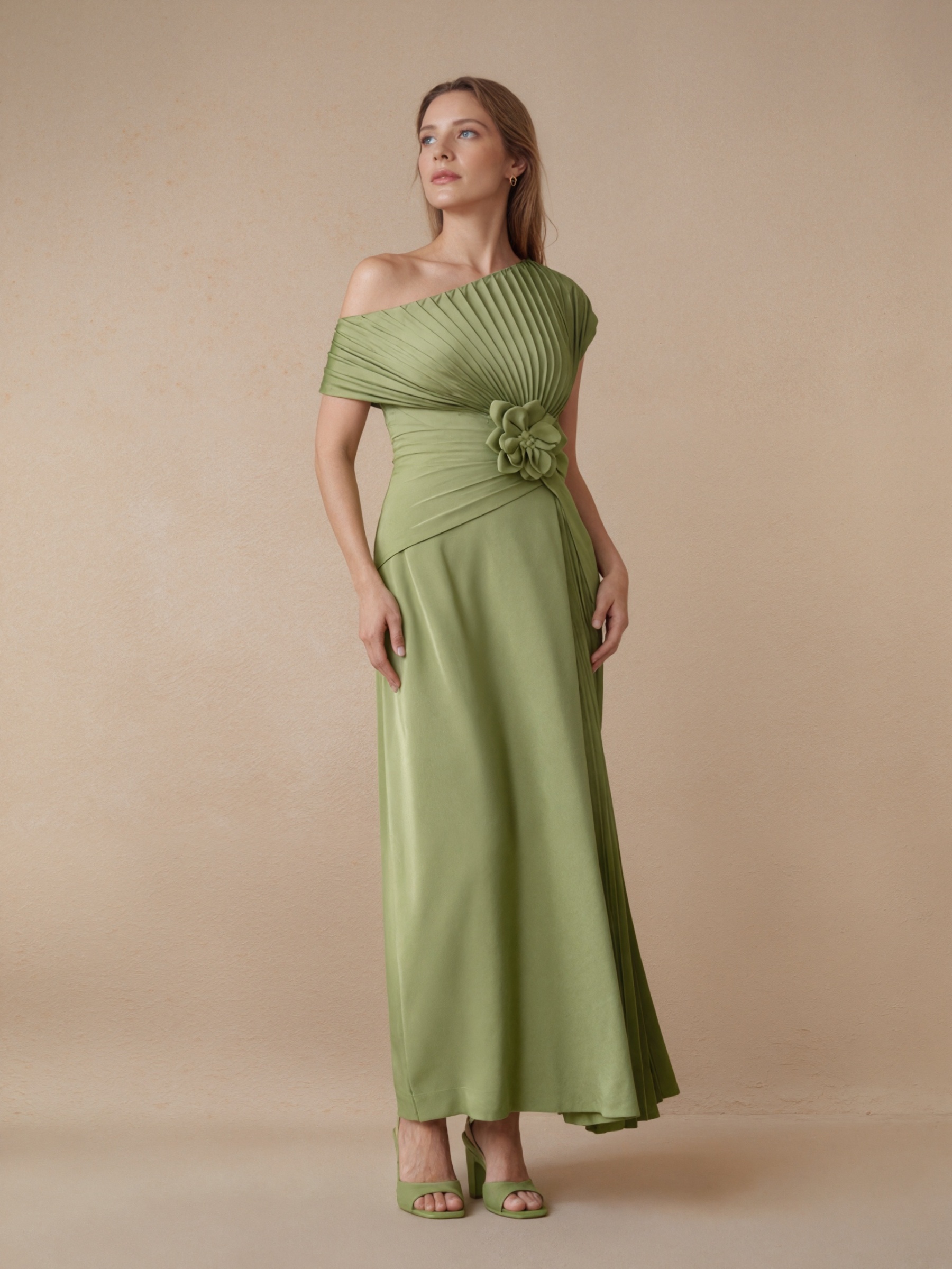 A-Line One-Shoulder Satin Maxi-Length Pleated Formal Evening Gown