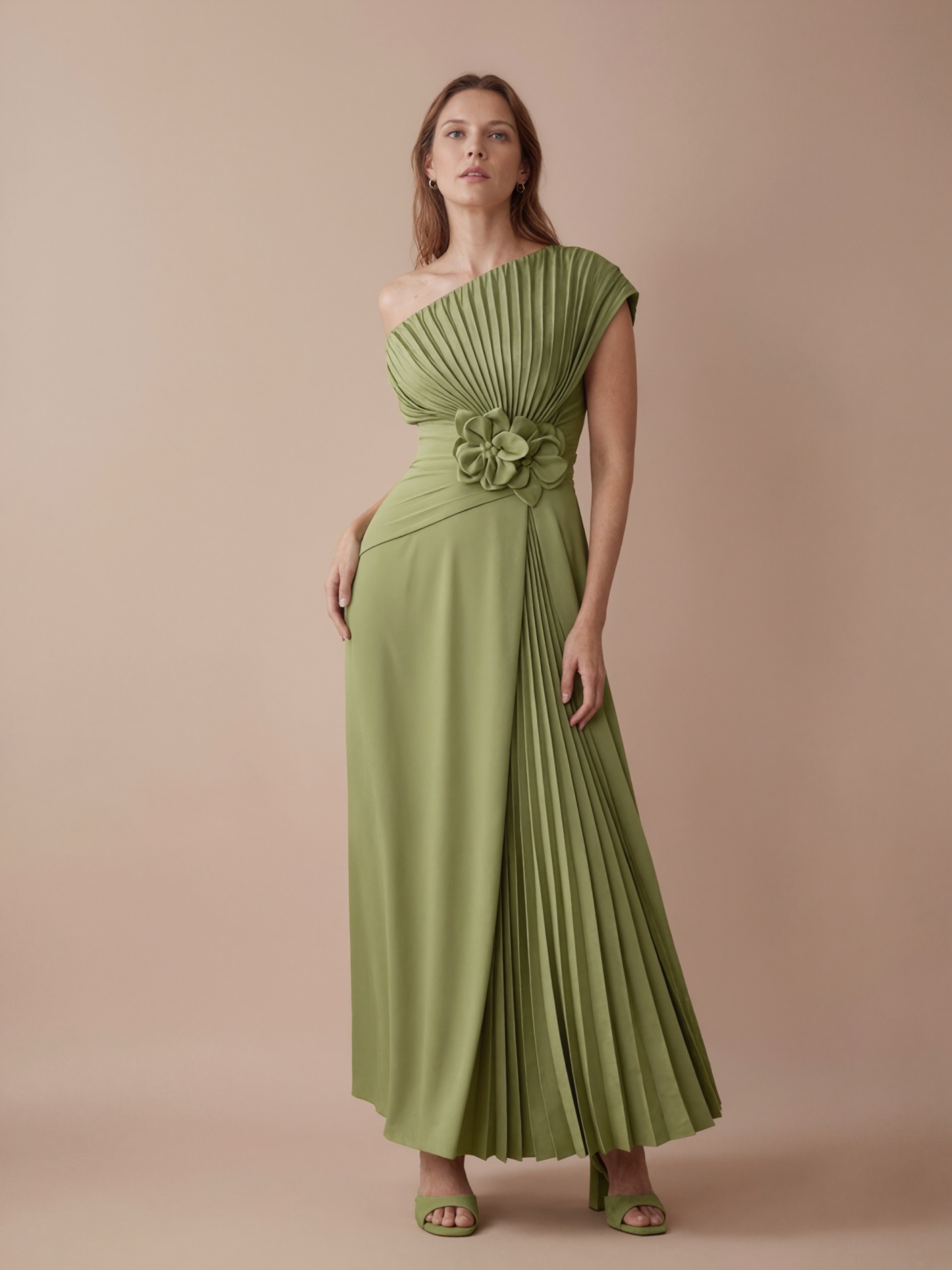 A-Line One-Shoulder Satin Maxi-Length Pleated Formal Evening Gown