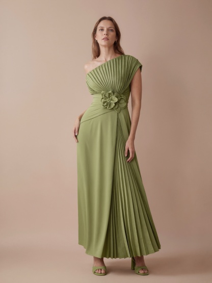 A-Line One-Shoulder Satin Maxi-Length Pleated Formal Evening Gown