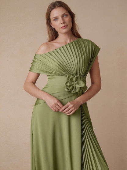 A-Line One-Shoulder Satin Maxi-Length Pleated Formal Evening Gown