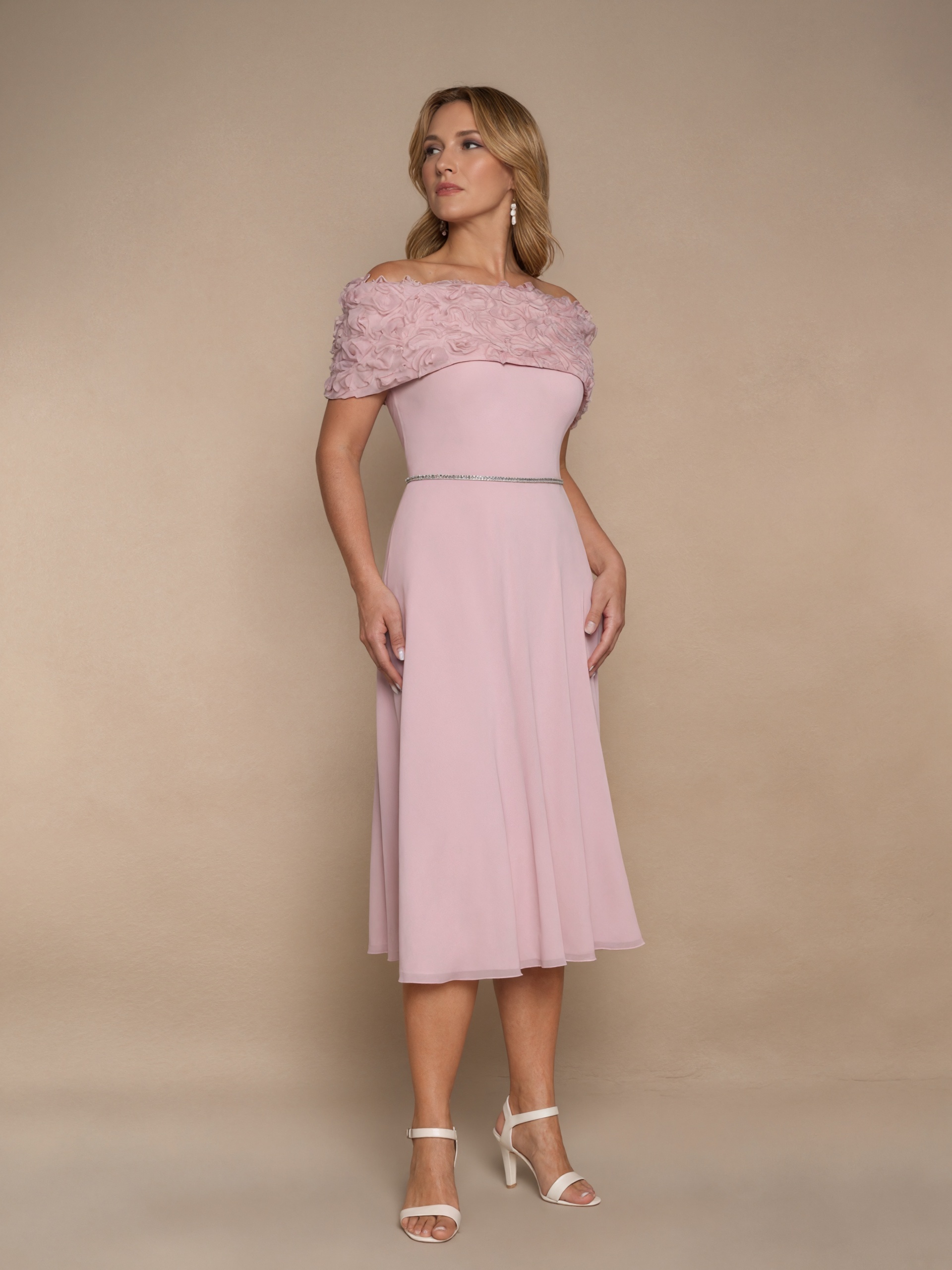 A-Line Off-the-Shoulder Chiffon Midi-Length Floral Mother of the Bride Dress