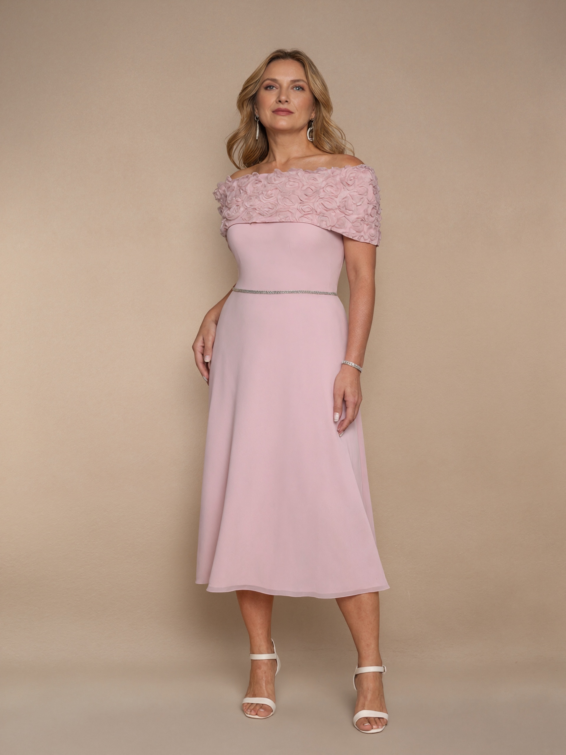 A-Line Off-the-Shoulder Chiffon Midi-Length Floral Mother of the Bride Dress