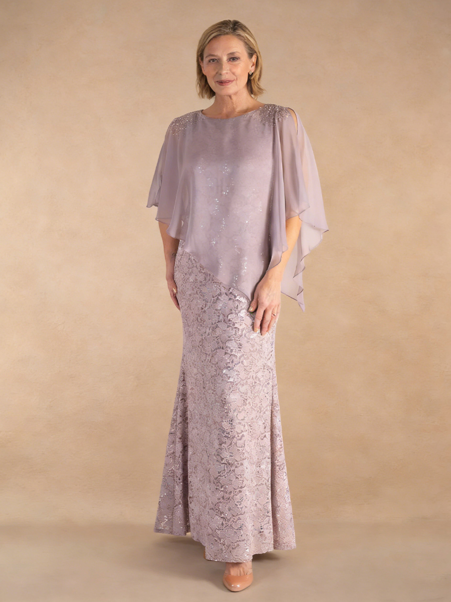Mermaid Crew Neck Lace & Chiffon Floor-Length Cape Sleeve Mother of the Bride Dress