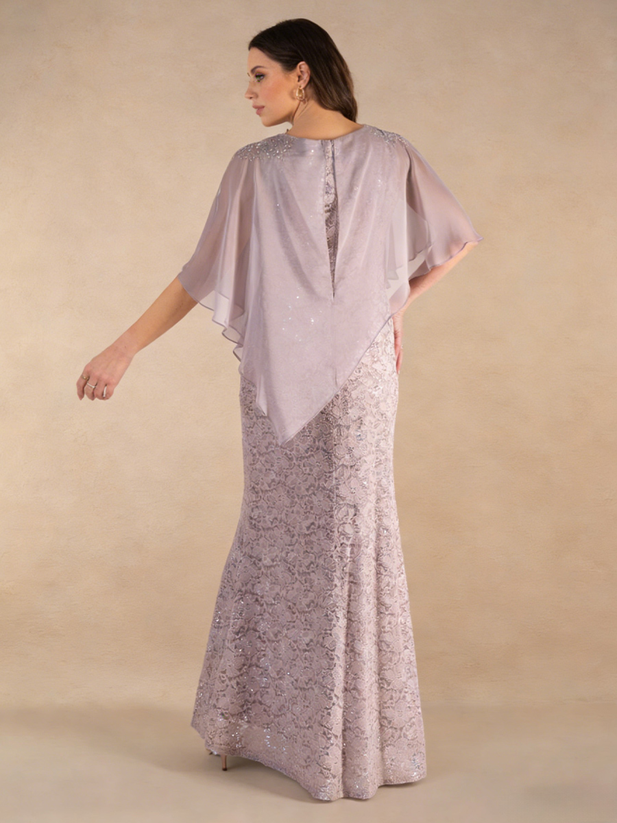 Mermaid Crew Neck Lace & Chiffon Floor-Length Cape Sleeve Mother of the Bride Dress