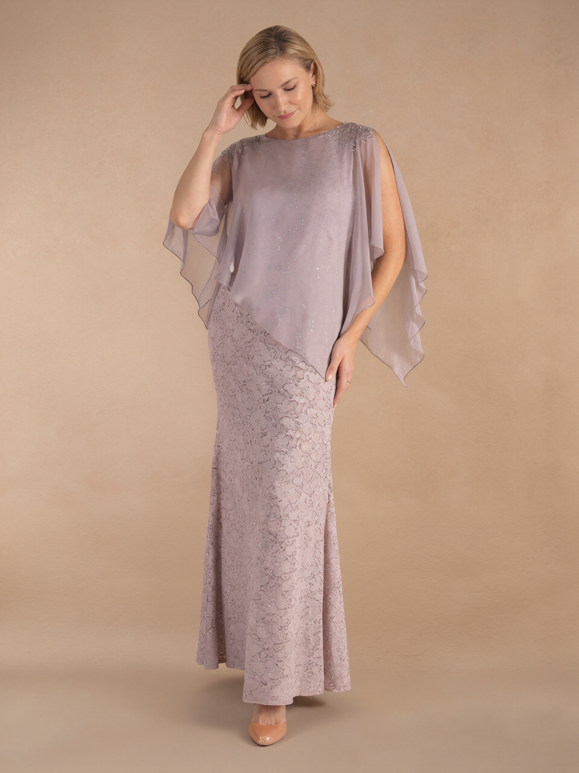 Mermaid Crew Neck Lace & Chiffon Floor-Length Cape Sleeve Mother of the Bride Dress