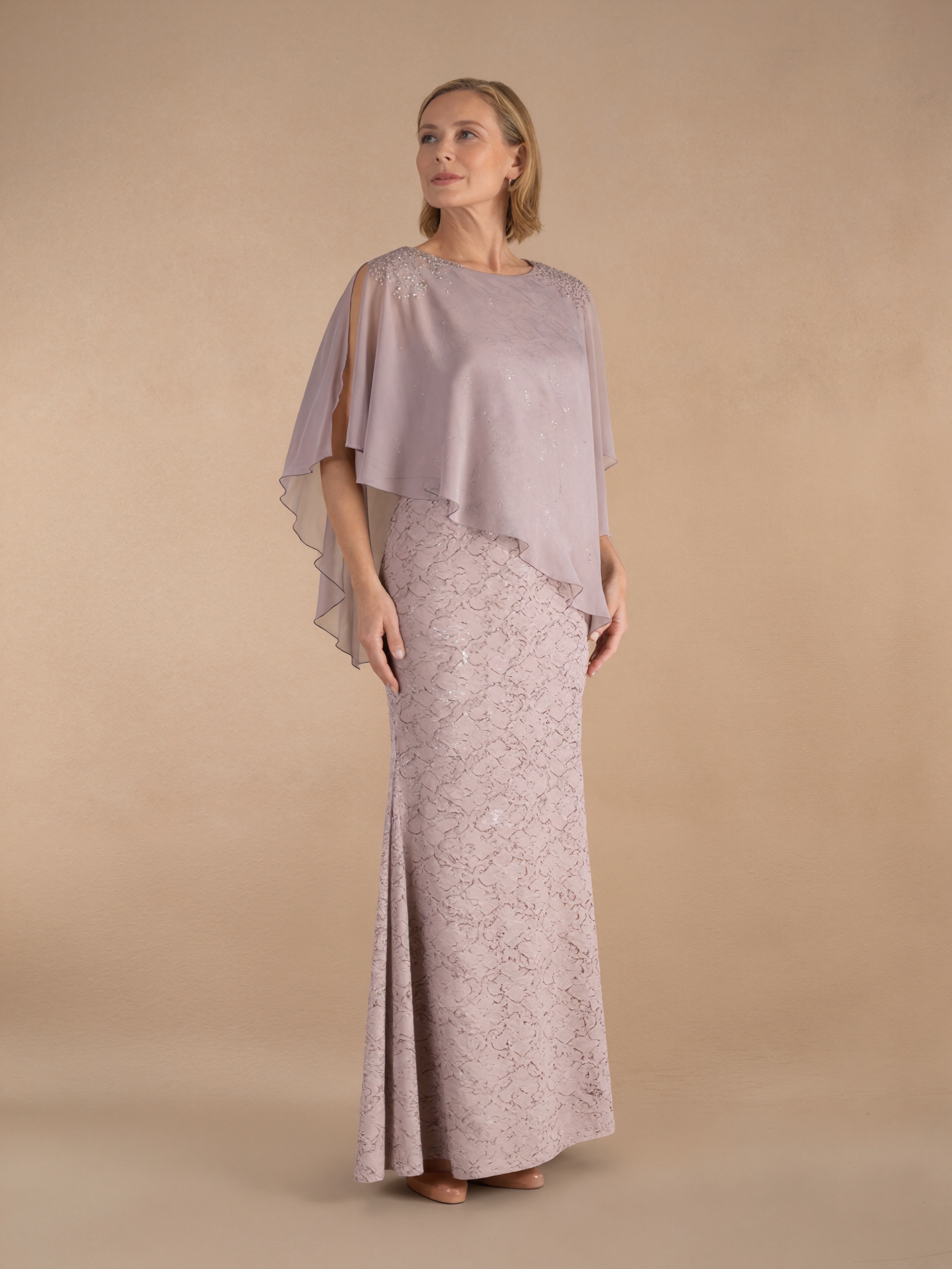 Mermaid Crew Neck Lace & Chiffon Floor-Length Cape Sleeve Mother of the Bride Dress