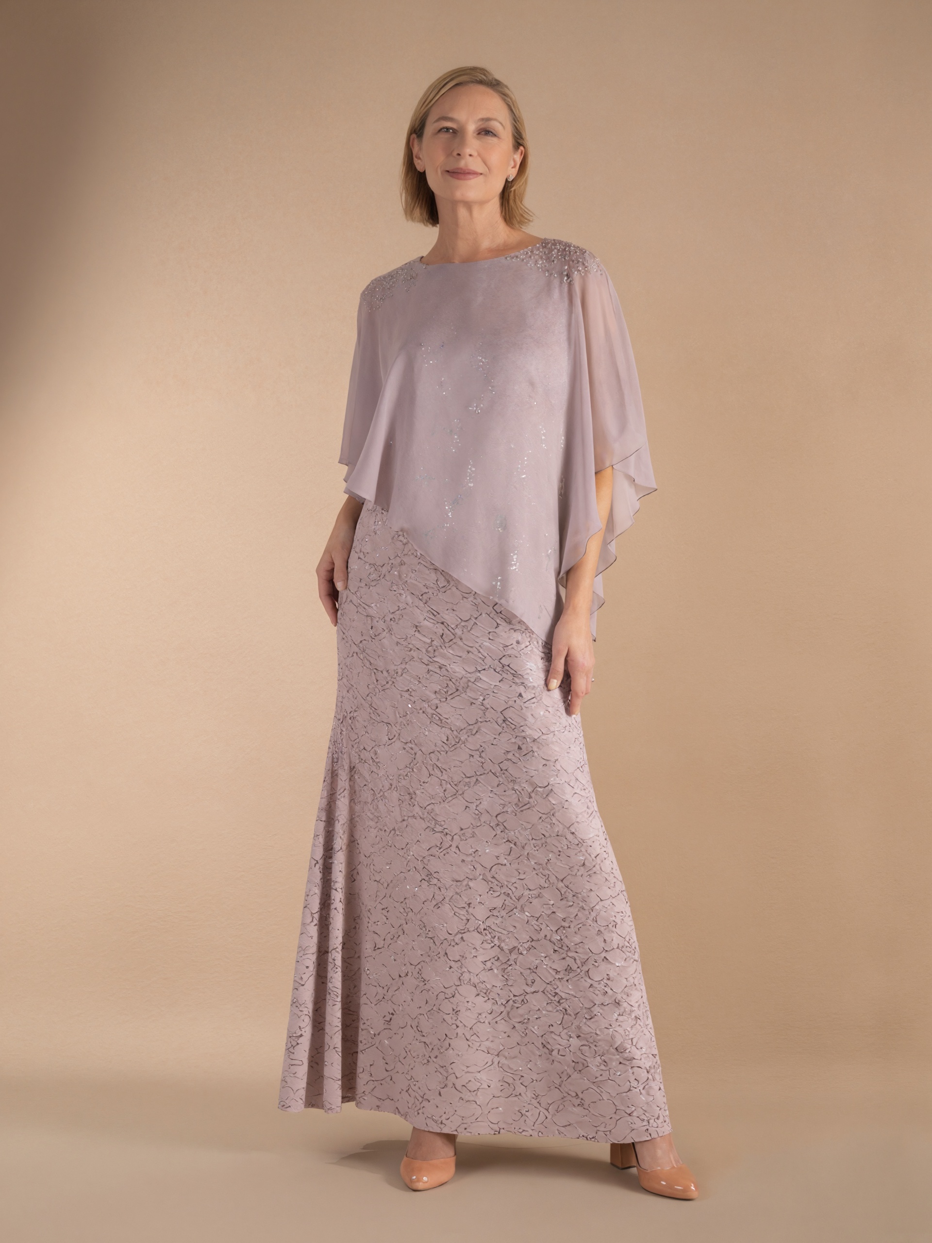 Mermaid Crew Neck Lace & Chiffon Floor-Length Cape Sleeve Mother of the Bride Dress