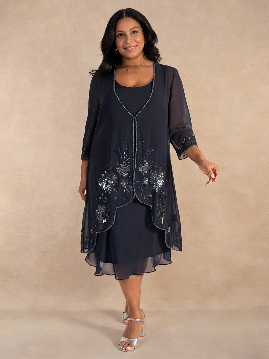 A-Line Crew Neck Chiffon Midi-Length Beaded Jacket Dress Mother of the Bride Dress