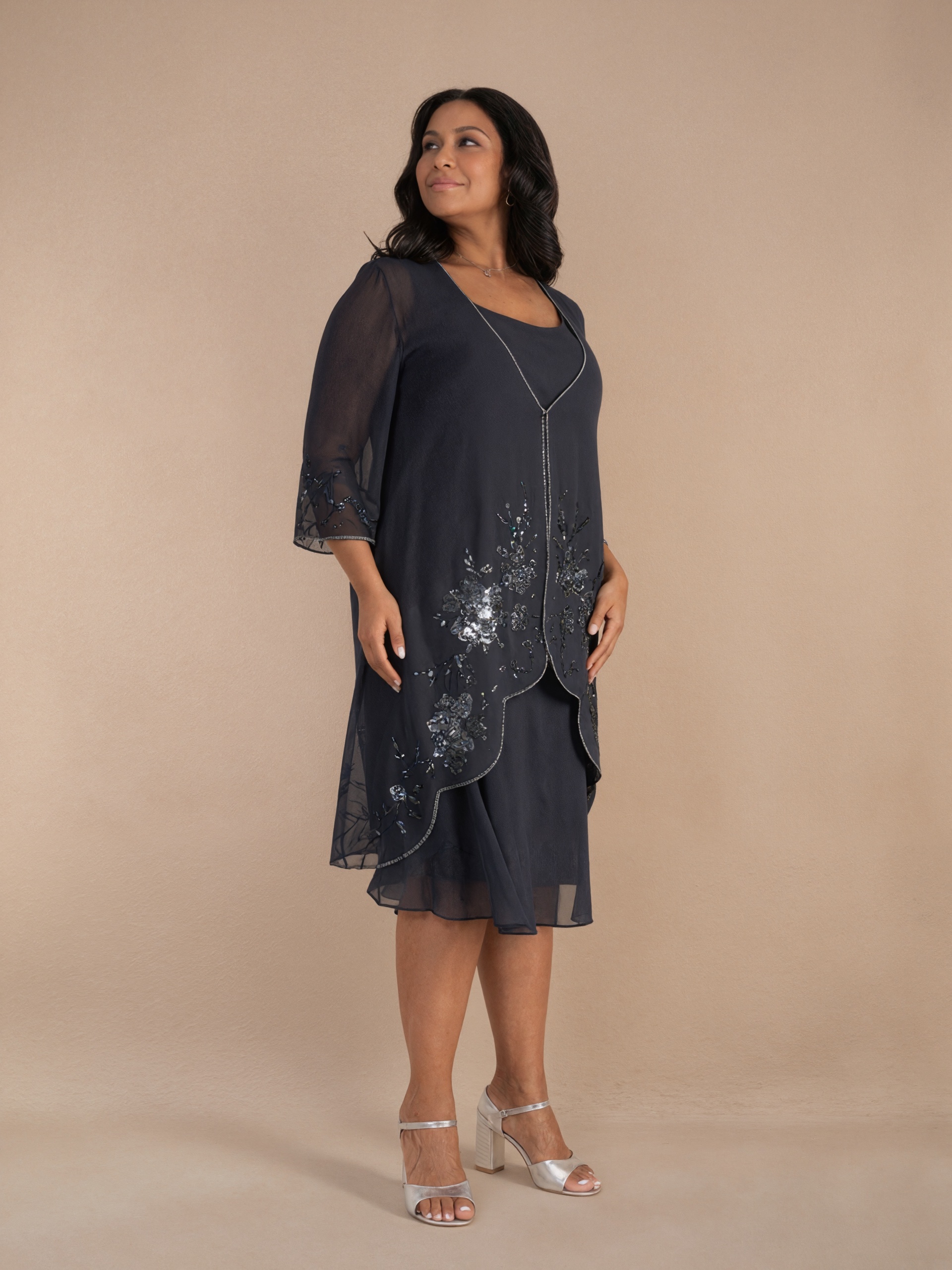 A-Line Crew Neck Chiffon Midi-Length Beaded Jacket Dress Mother of the Bride Dress