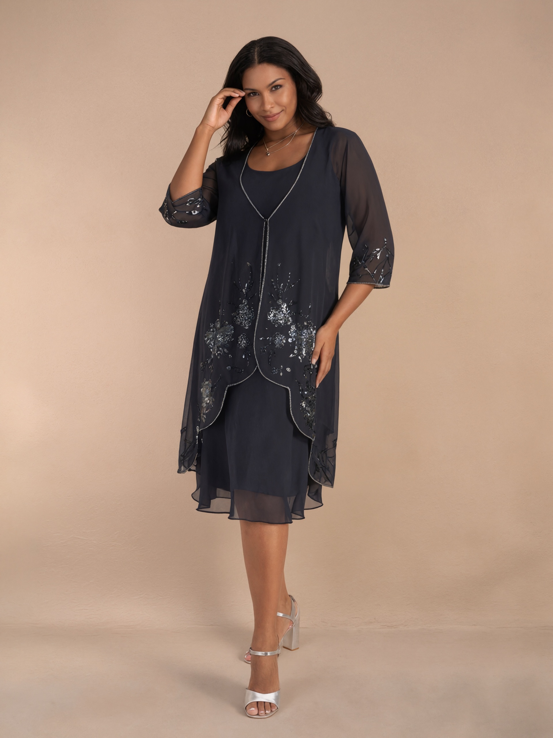 A-Line Crew Neck Chiffon Midi-Length Beaded Jacket Dress Mother of the Bride Dress