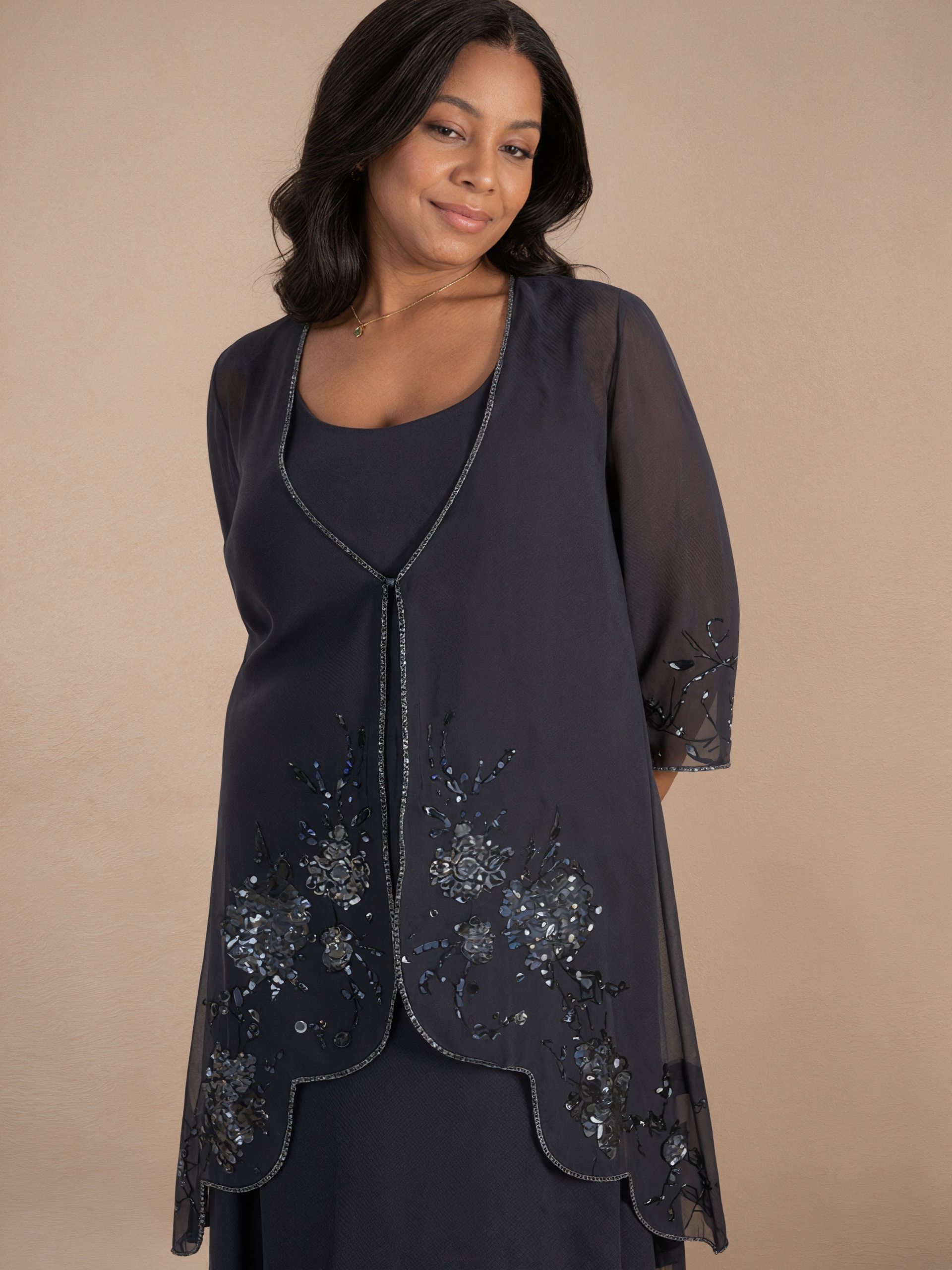 A-Line Crew Neck Chiffon Midi-Length Beaded Jacket Dress Mother of the Bride Dress