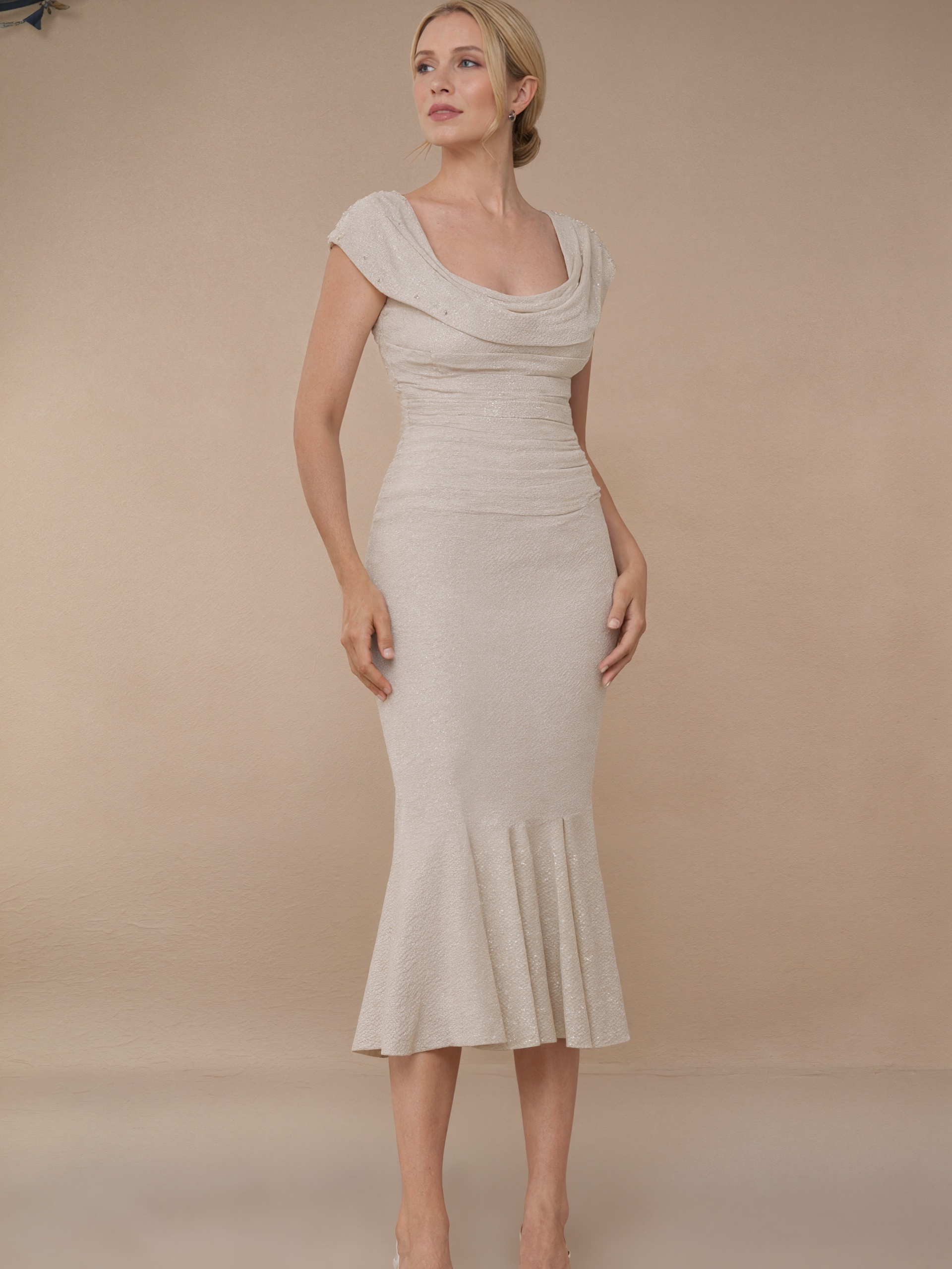 Mermaid Crew Neck Sequin Midi-Length Formal Cocktail Dress