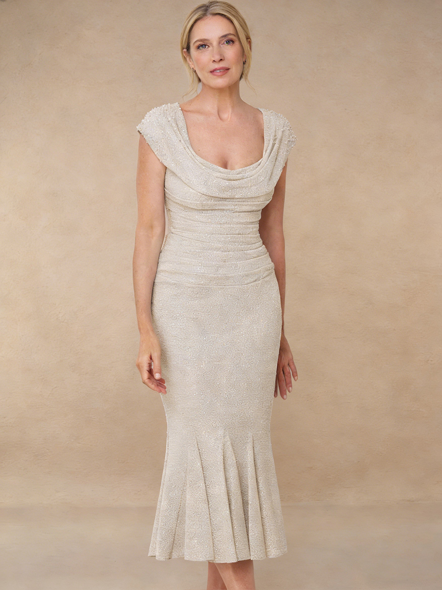 Mermaid Crew Neck Sequin Midi-Length Formal Cocktail Dress