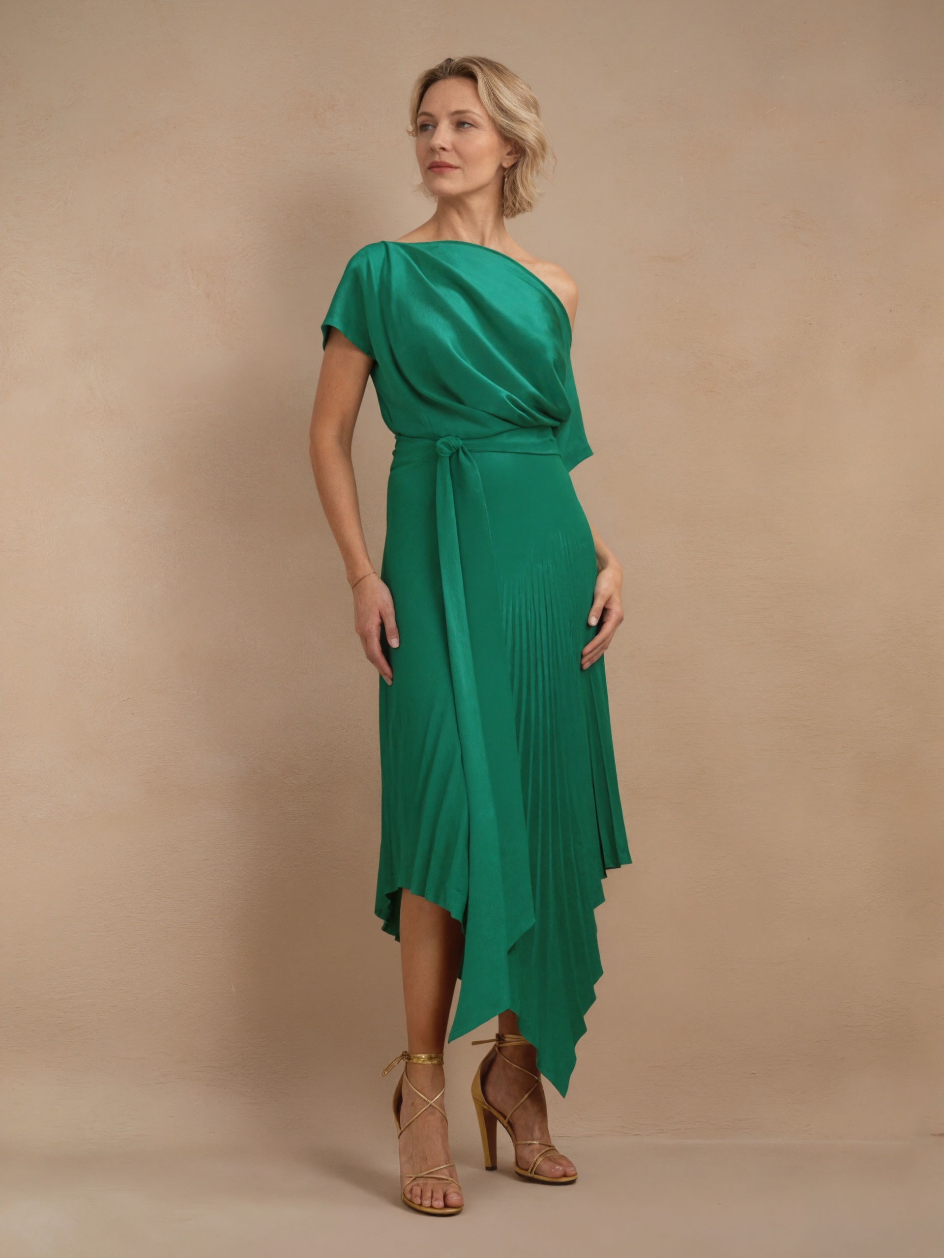 A-Line One-Shoulder Satin Midi-Length Pleated Formal Evening Gown