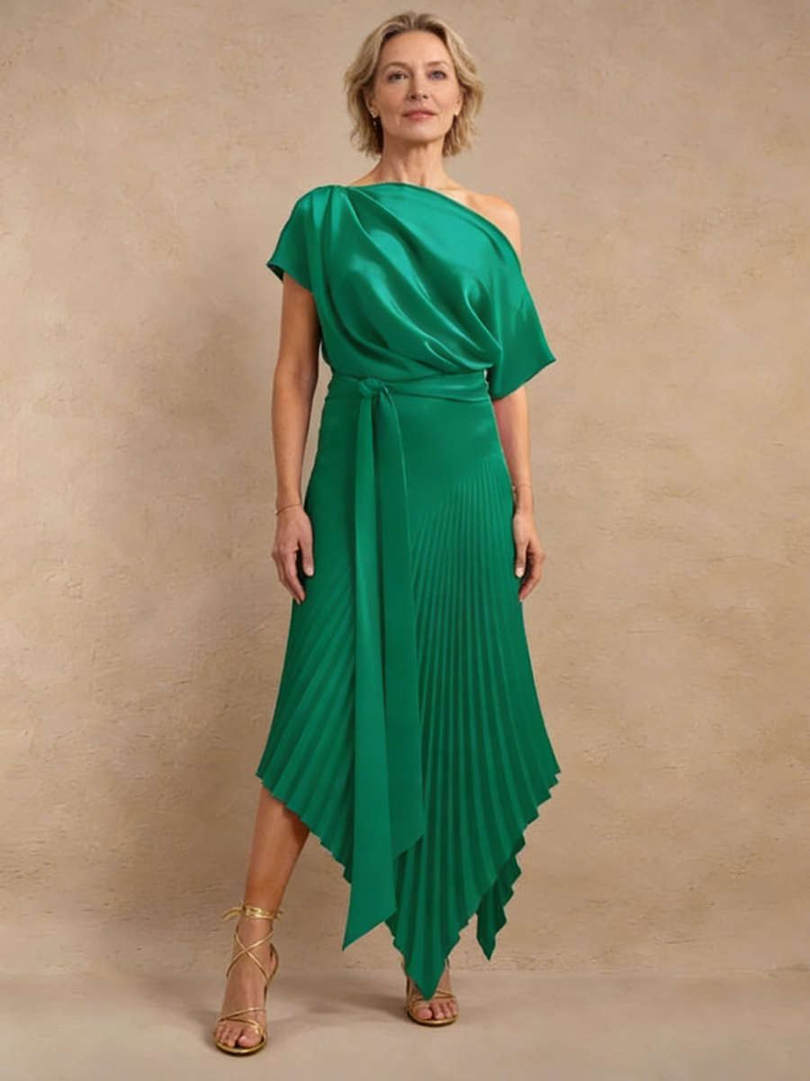 A-Line One-Shoulder Satin Midi-Length Pleated Formal Evening Gown