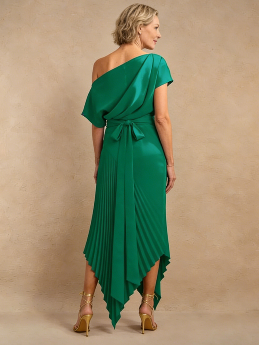 A-Line One-Shoulder Satin Midi-Length Pleated Formal Evening Gown