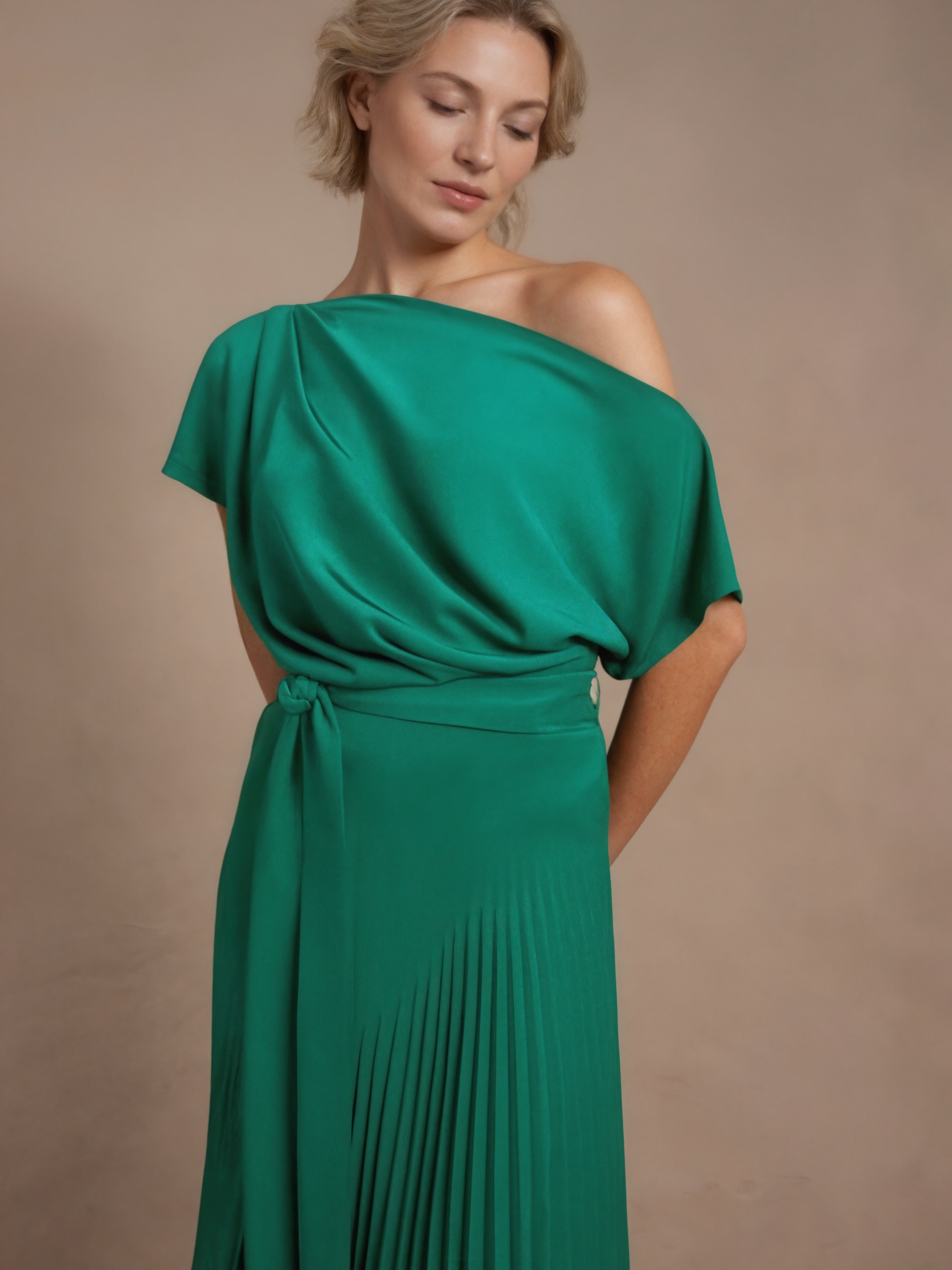 A-Line One-Shoulder Satin Midi-Length Pleated Formal Evening Gown