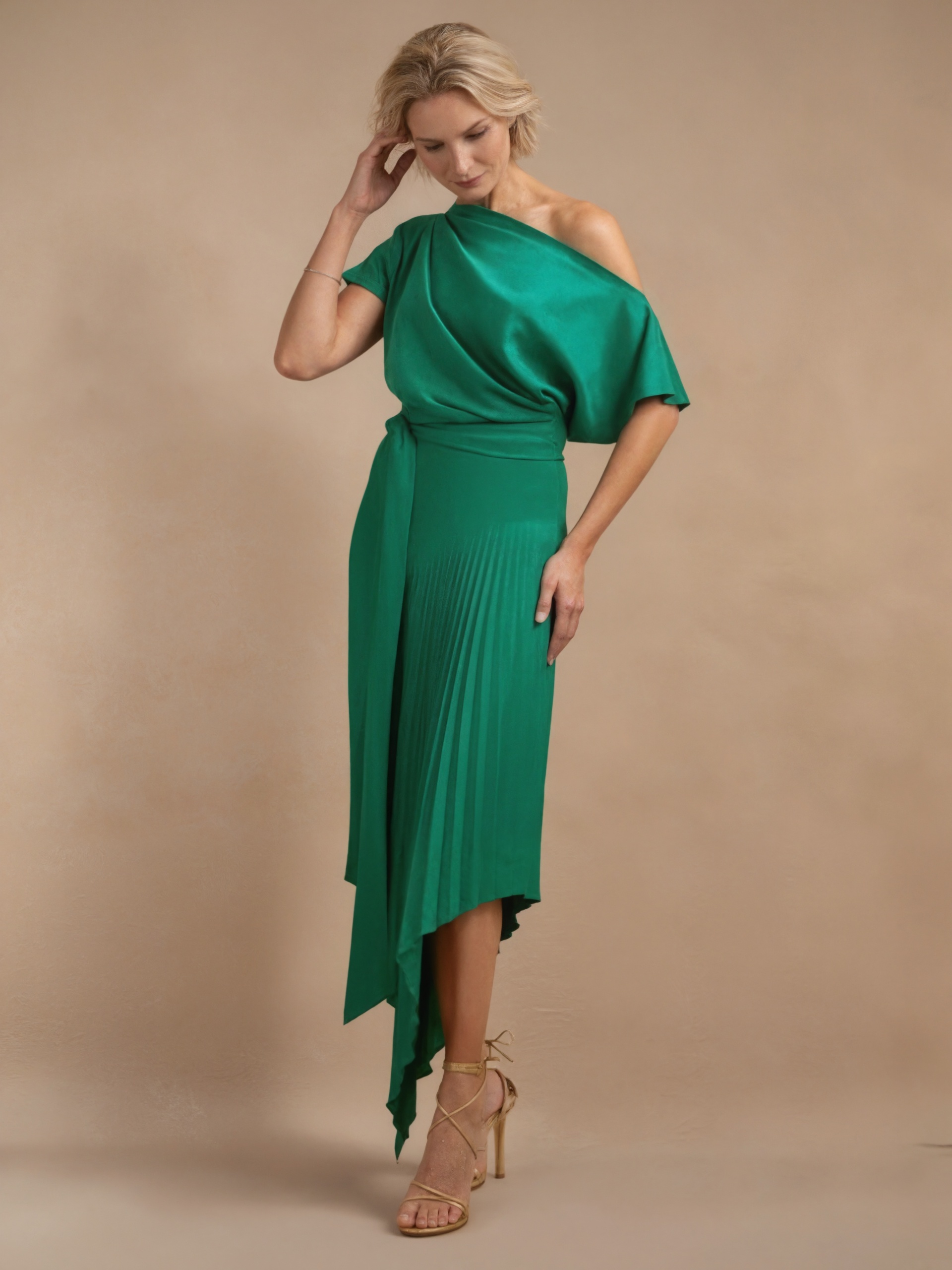 A-Line One-Shoulder Satin Midi-Length Pleated Formal Evening Gown
