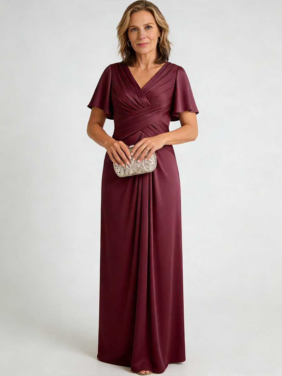 A-Line V-Neck Satin Floor-Length Flutter Sleeve Mother of the Bride Dress