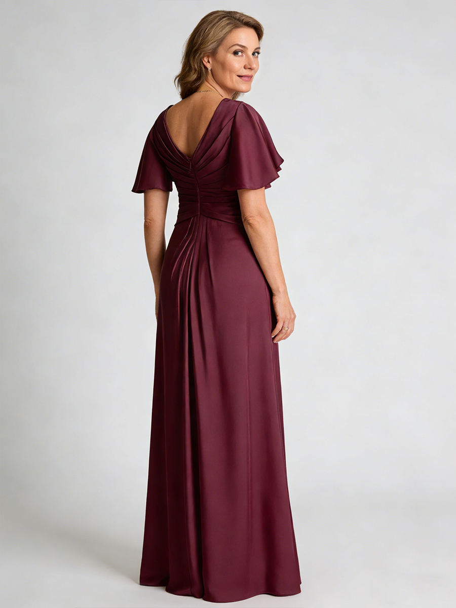 A-Line V-Neck Satin Floor-Length Flutter Sleeve Mother of the Bride Dress