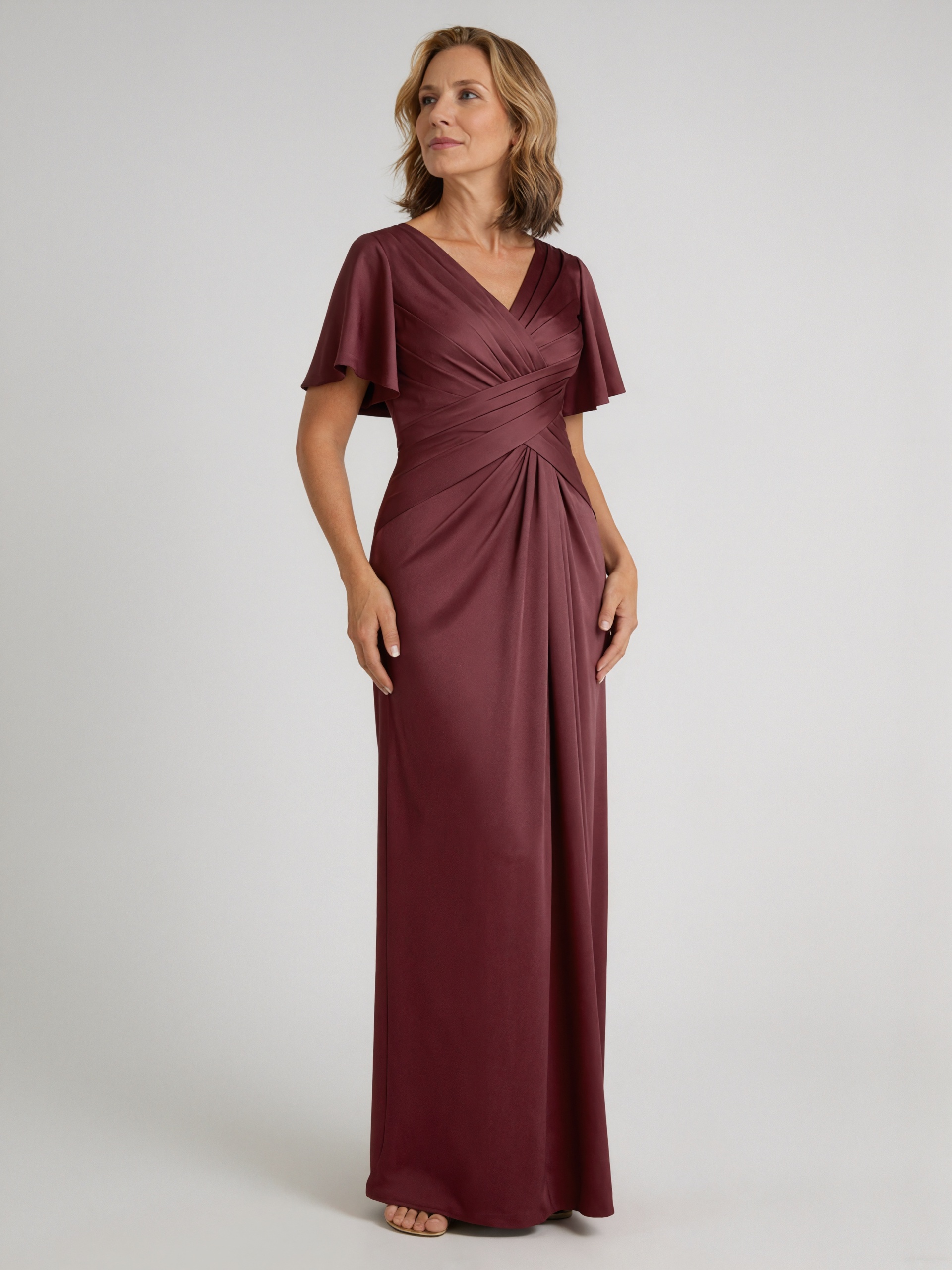 A-Line V-Neck Satin Floor-Length Flutter Sleeve Mother of the Bride Dress